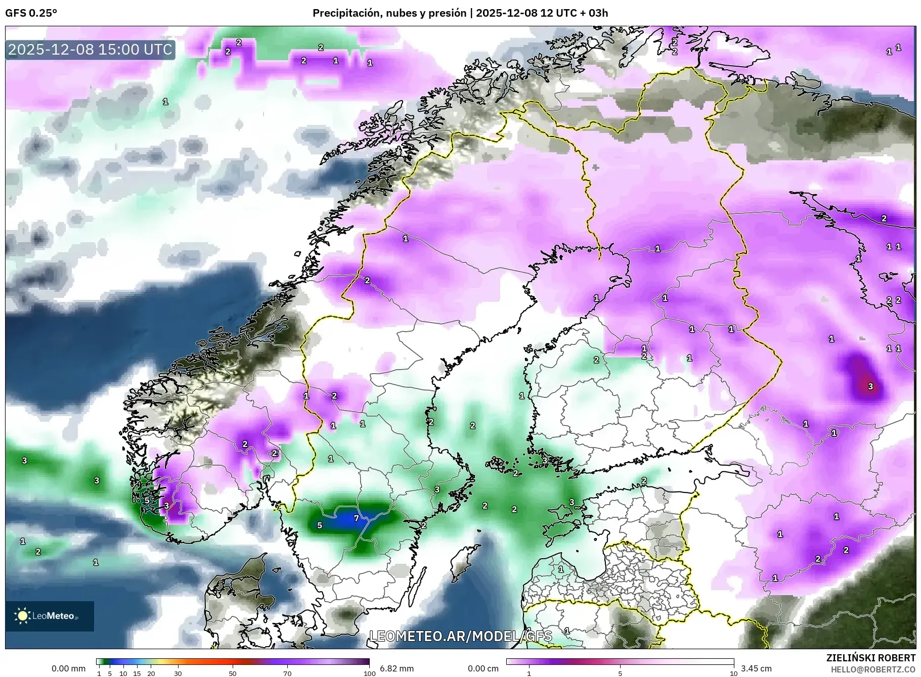 GFS model - Escandinavia, Precipitación, nubes y presión