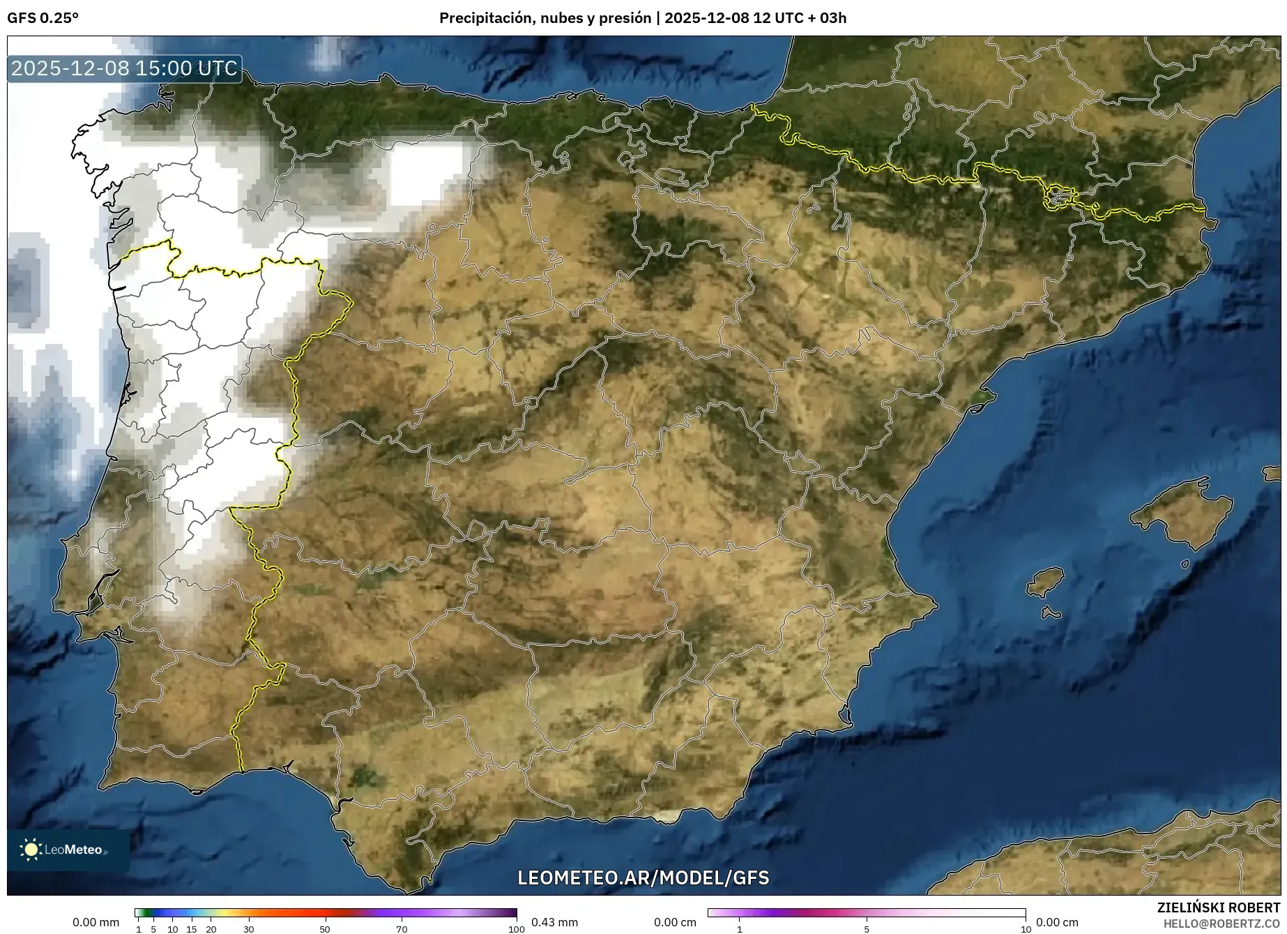 GFS model - España, Precipitación, nubes y presión