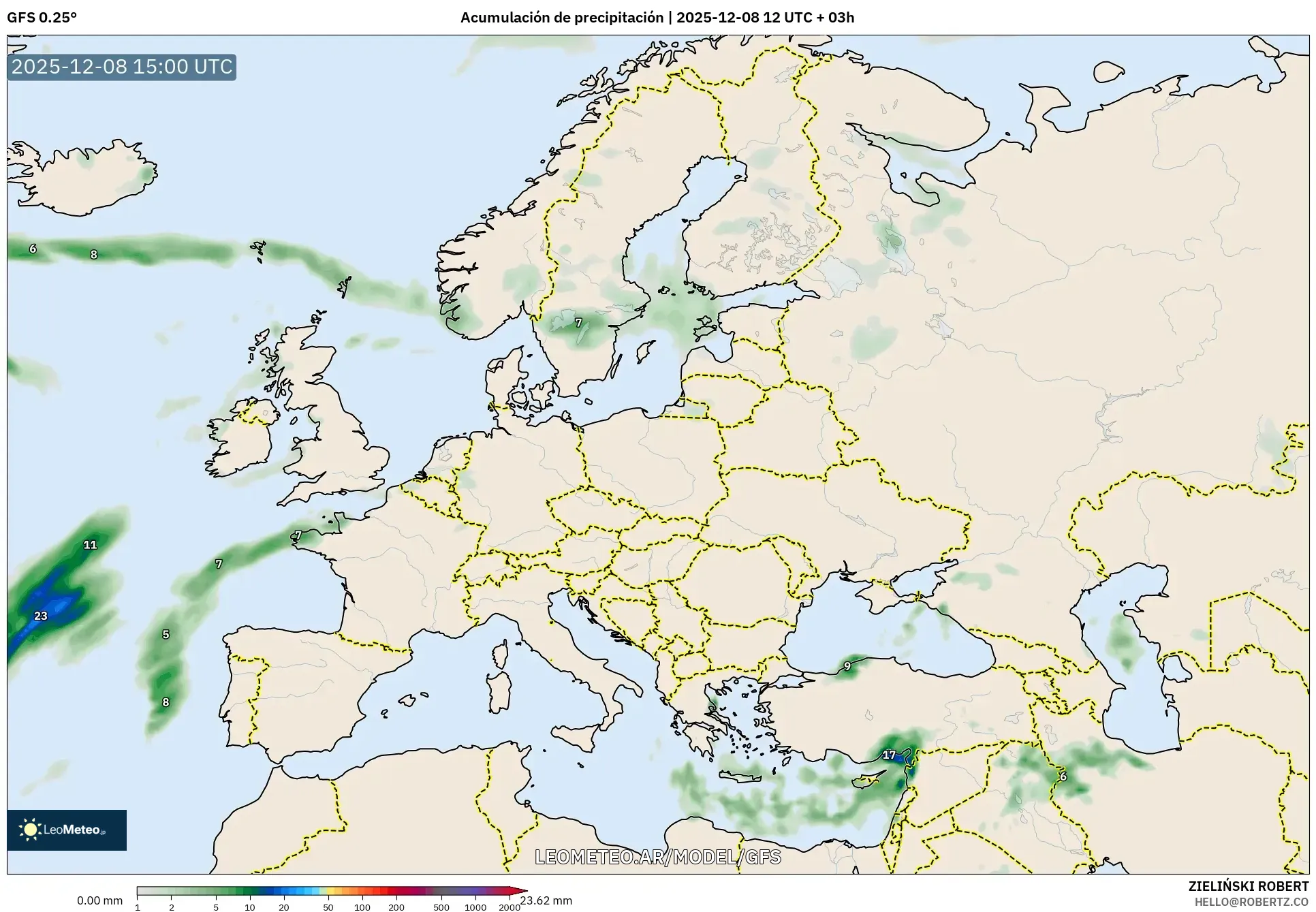 GFS model - Europa, Acumulación de precipitación