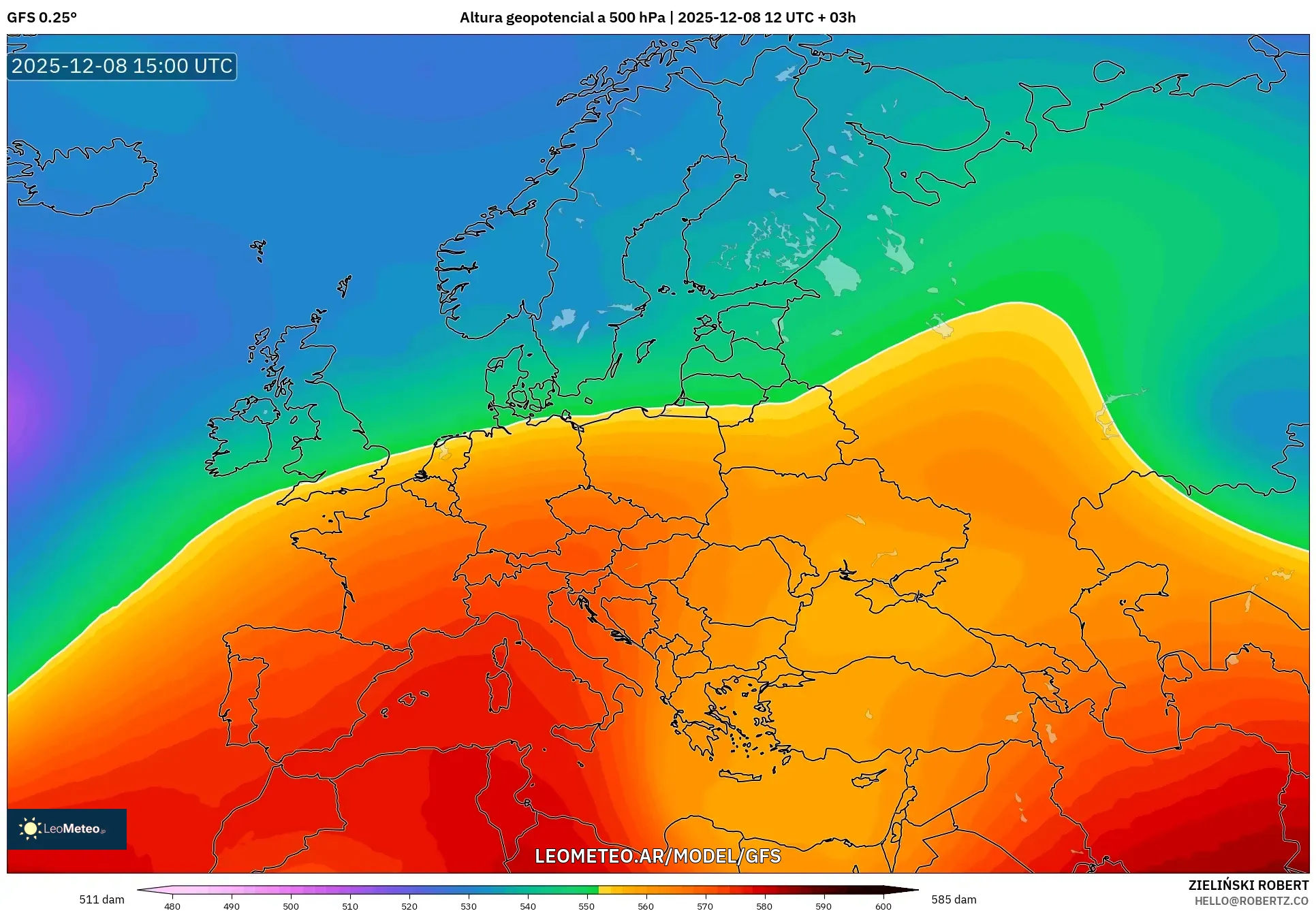 GFS model - Europa, Altura geopotencial a 500 hPa
