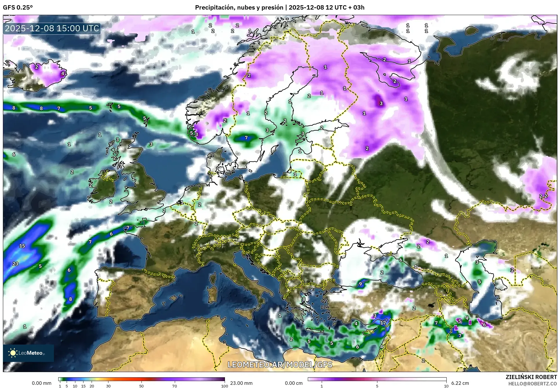 GFS model - Europa, Precipitación, nubes y presión