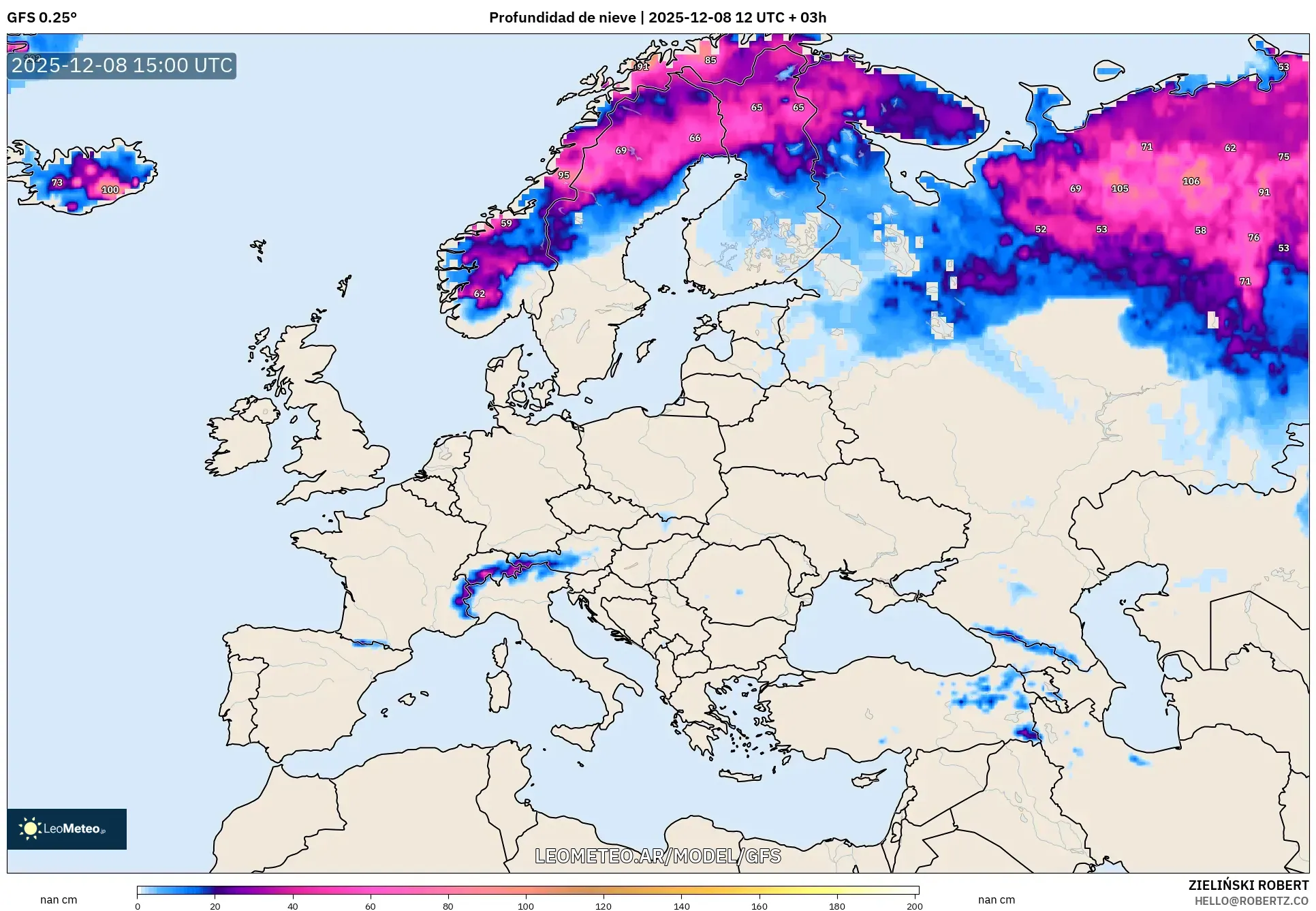 GFS model - Europa, Profundidad de nieve