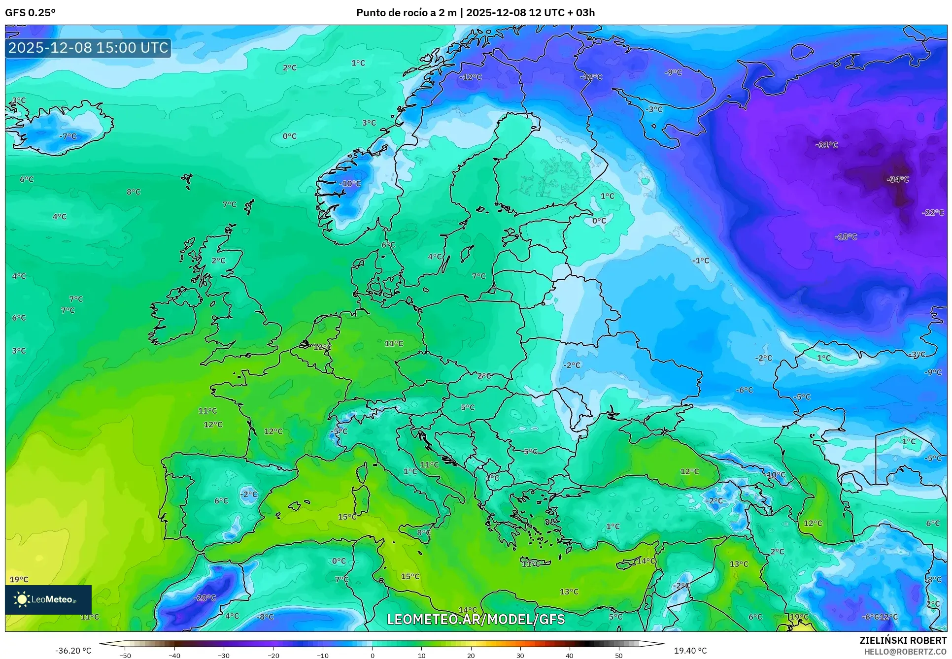 GFS model - Europa, Punto de rocío a 2 m