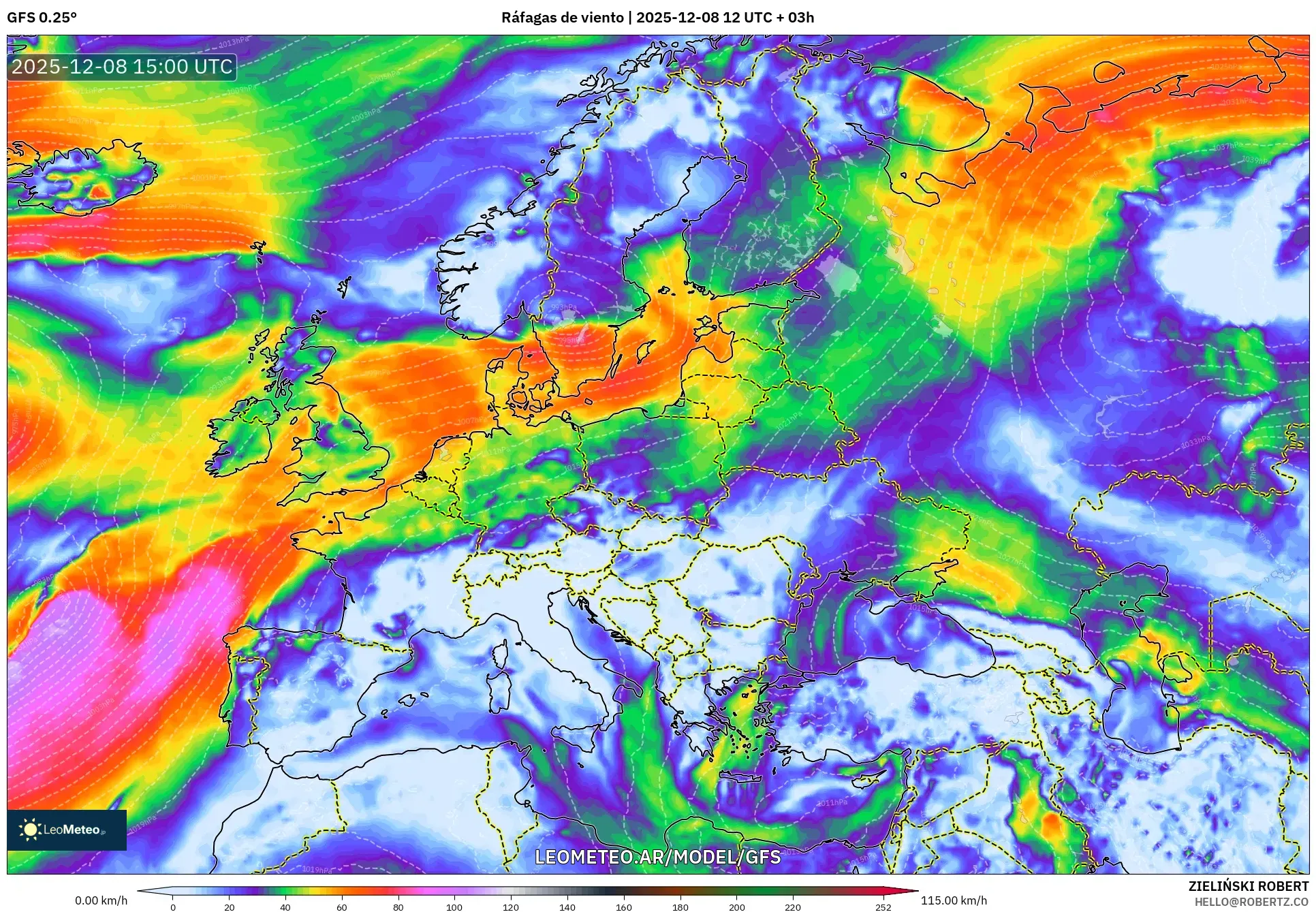 GFS model - Europa, Ráfagas de viento