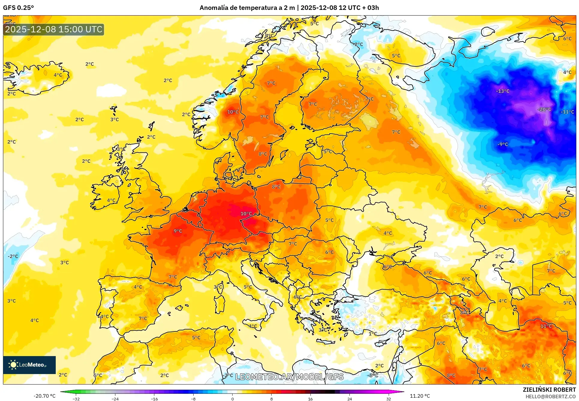 GFS model - Europa, Anomalía de temperatura a 2 m