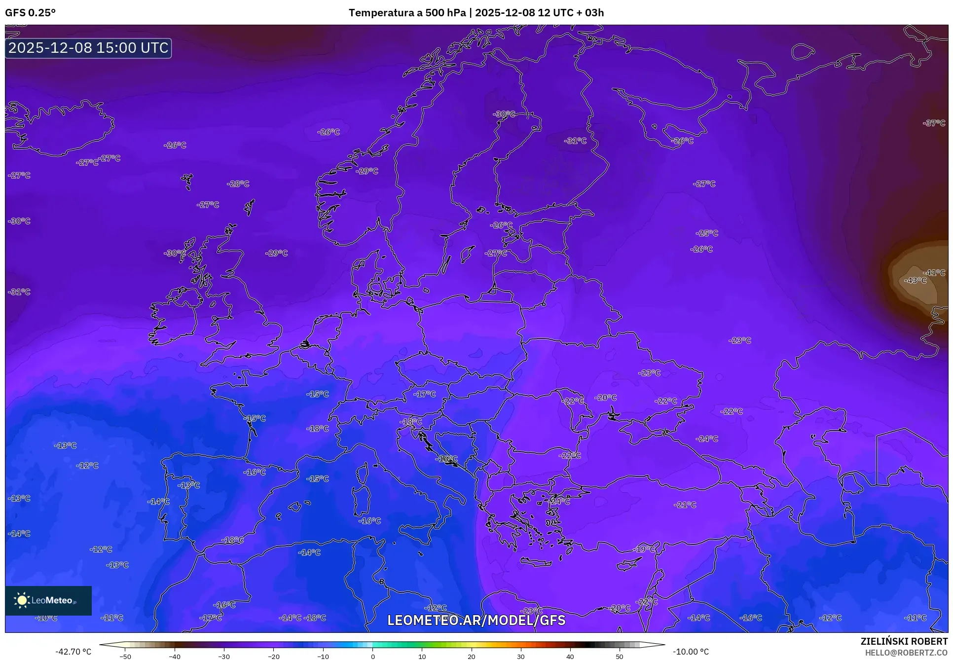 GFS model - Europa, Temperatura a 500 hPa