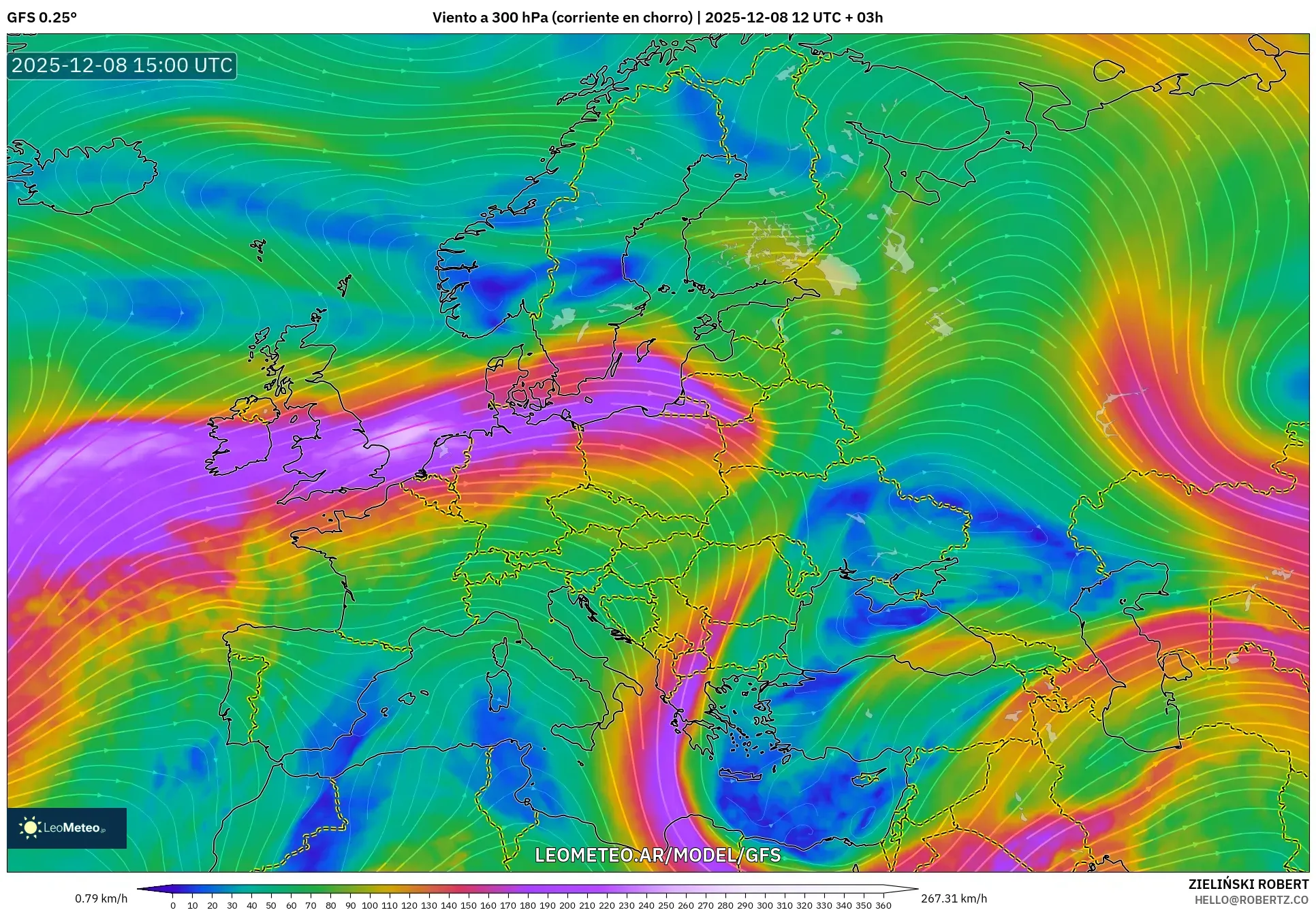 GFS model - Europa, Viento a 300 hPa (corriente en chorro)