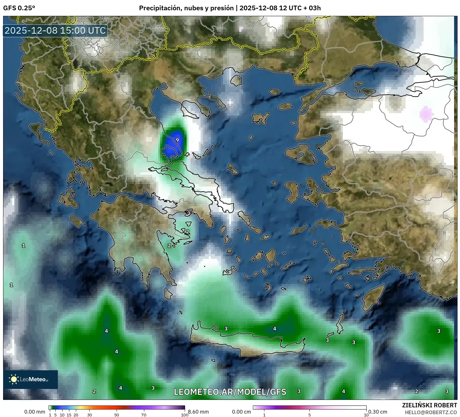 GFS model - Grecia, Precipitación, nubes y presión