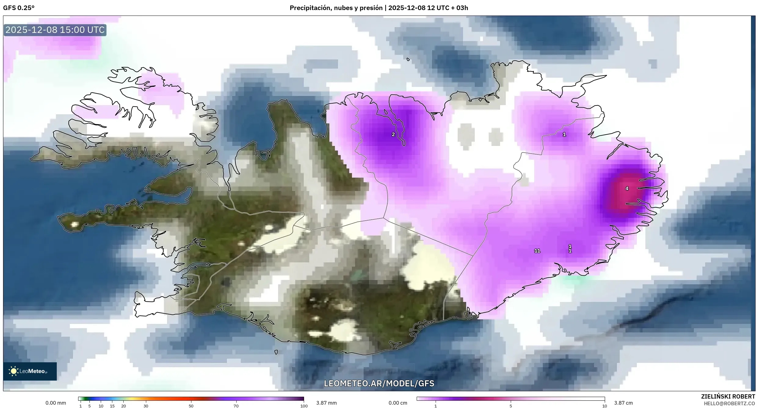 GFS model - Islandia, Precipitación, nubes y presión