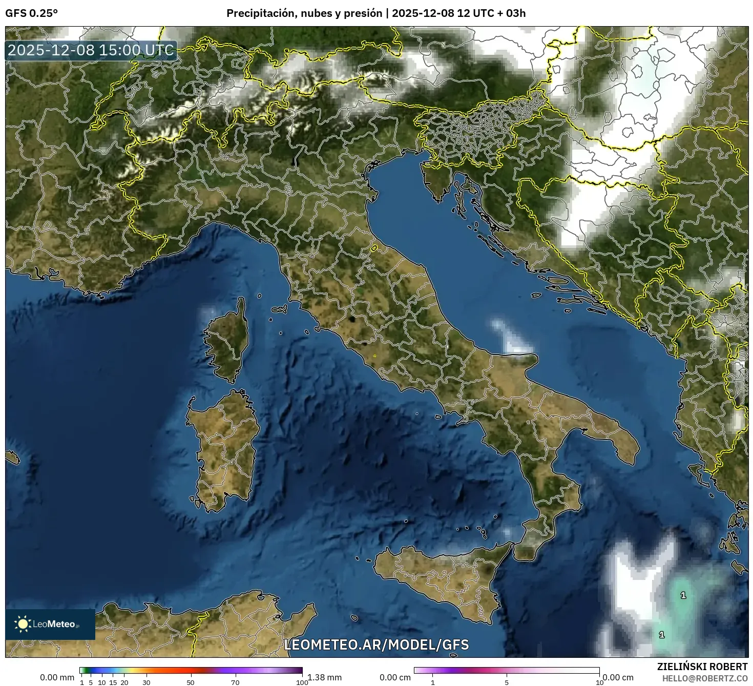 GFS model - Italia, Precipitación, nubes y presión