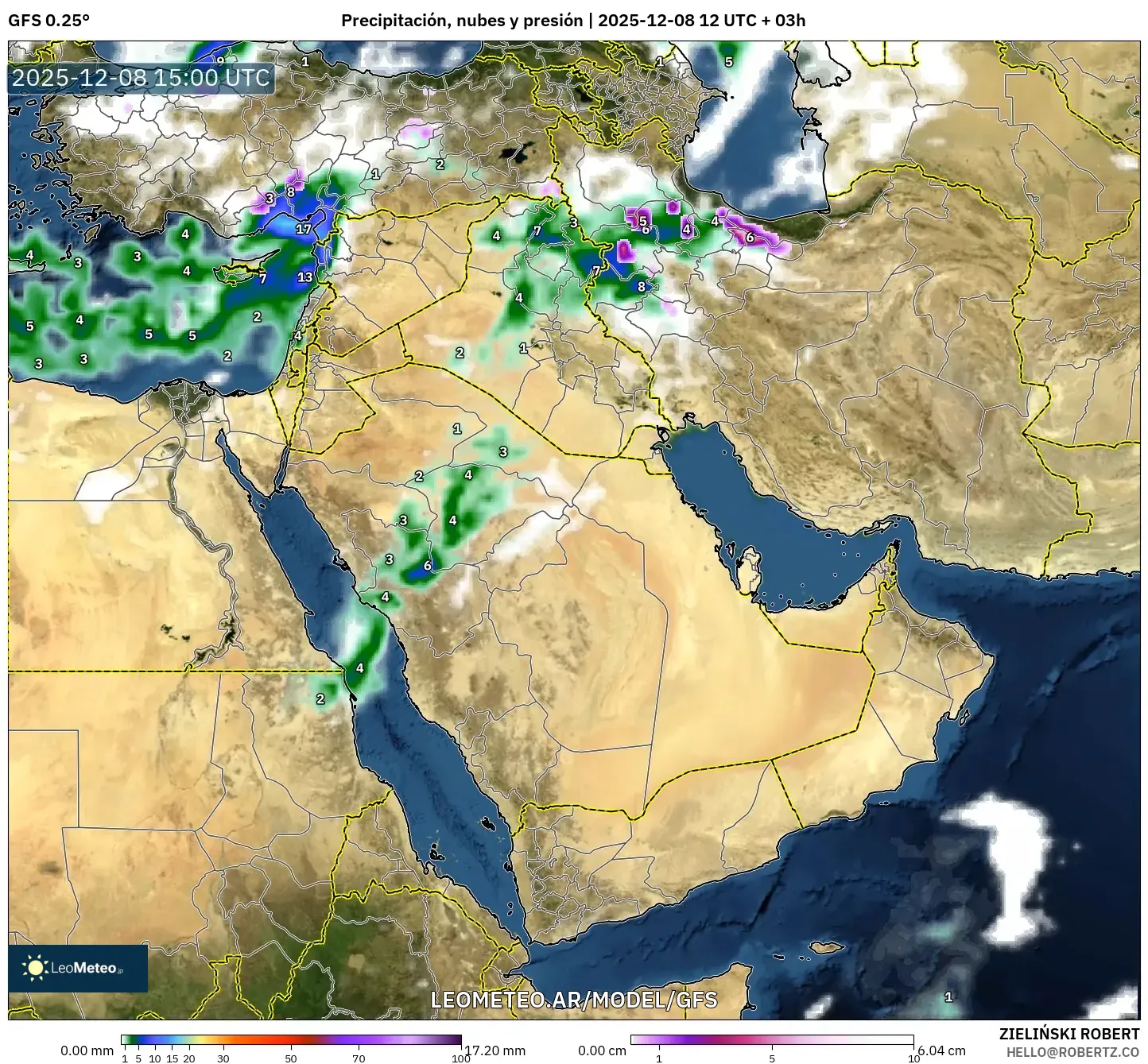 GFS model - Oriente Medio, Precipitación, nubes y presión