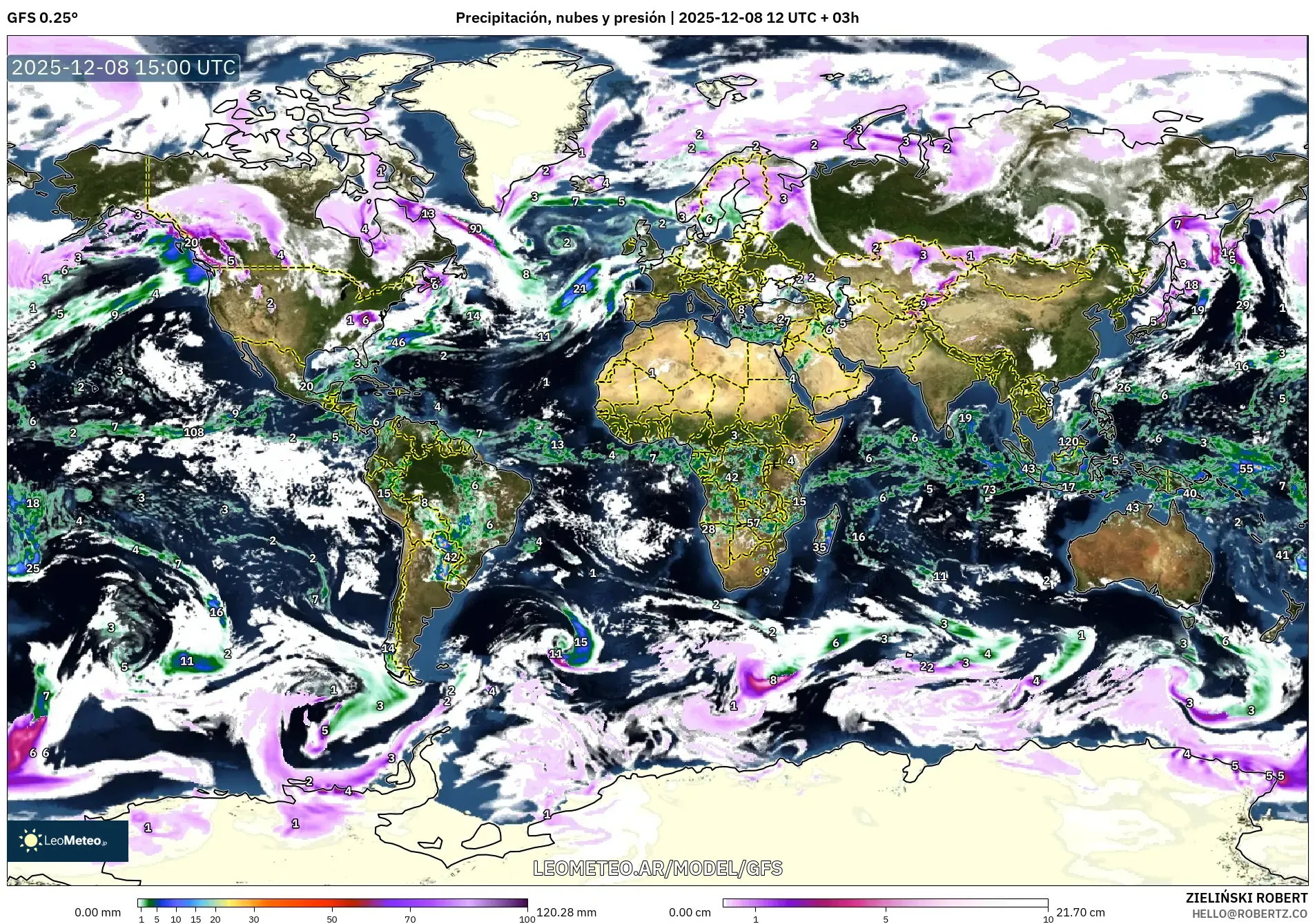 GFS model - Mundo, Precipitación, nubes y presión
