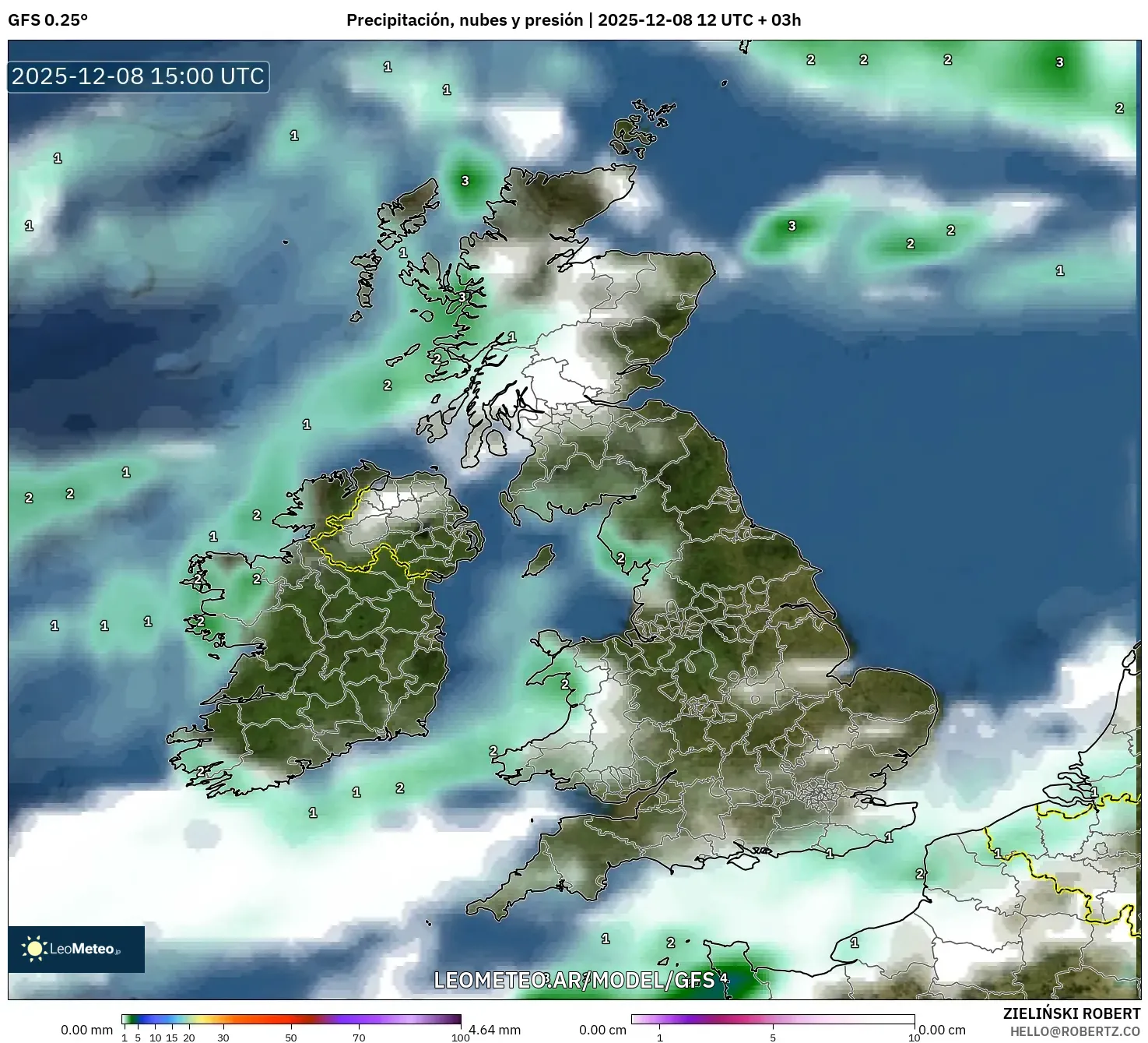 GFS model - Reino Unido, Precipitación, nubes y presión