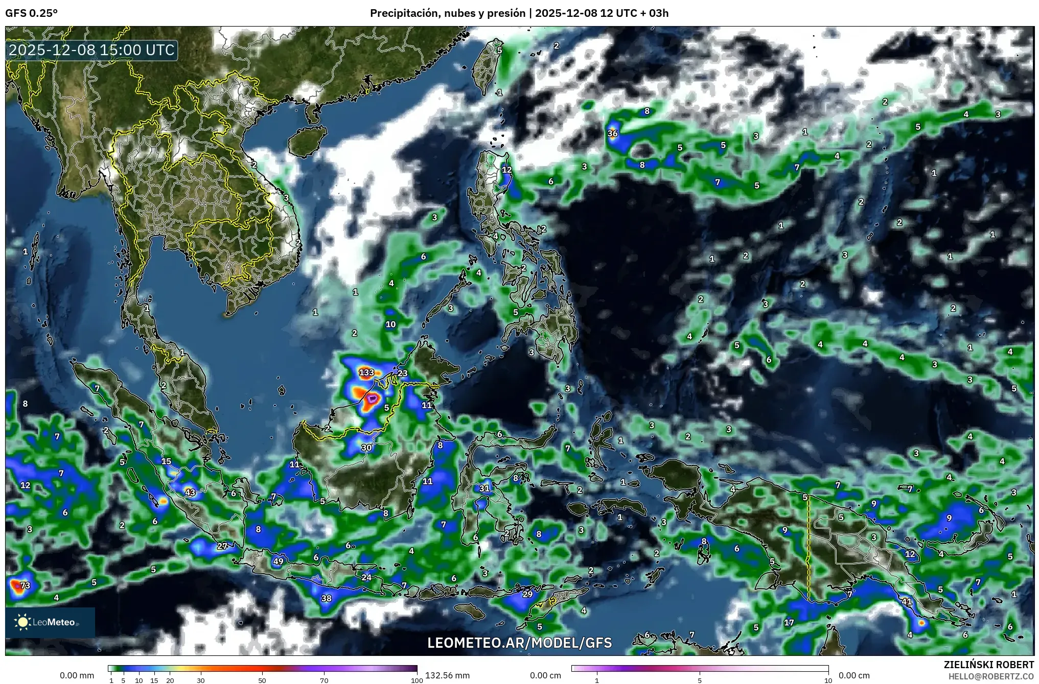 GFS model - Sudeste Asiático, Precipitación, nubes y presión