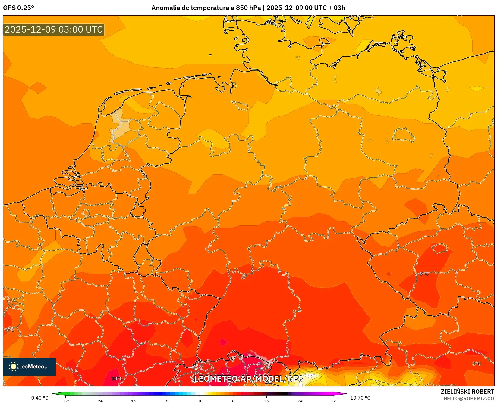 GFS model - Alemania, Anomalía de temperatura a 850 hPa