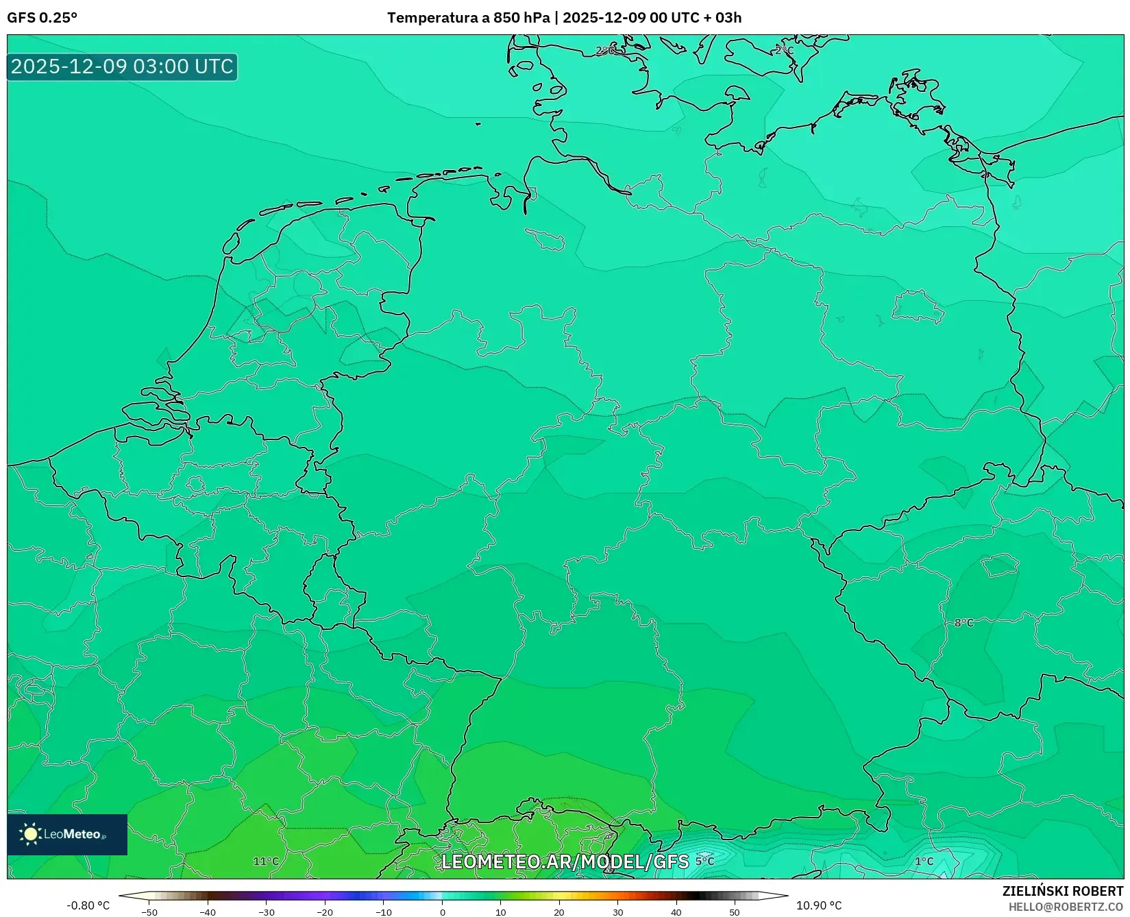GFS model - Alemania, Temperatura a 850 hPa