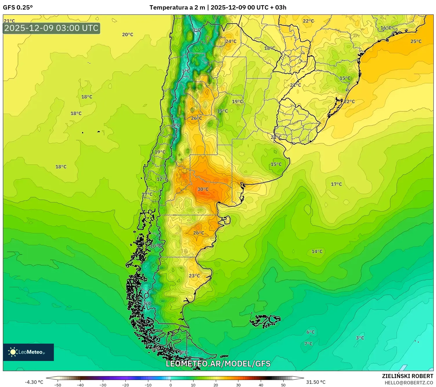 GFS model - Argentina, Temperatura a 2 m
