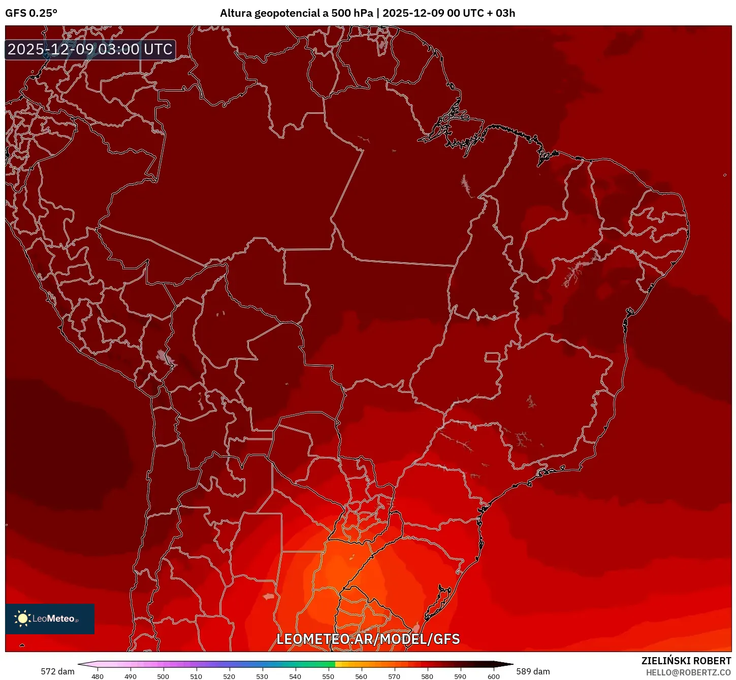 GFS model - Brasil, Altura geopotencial a 500 hPa
