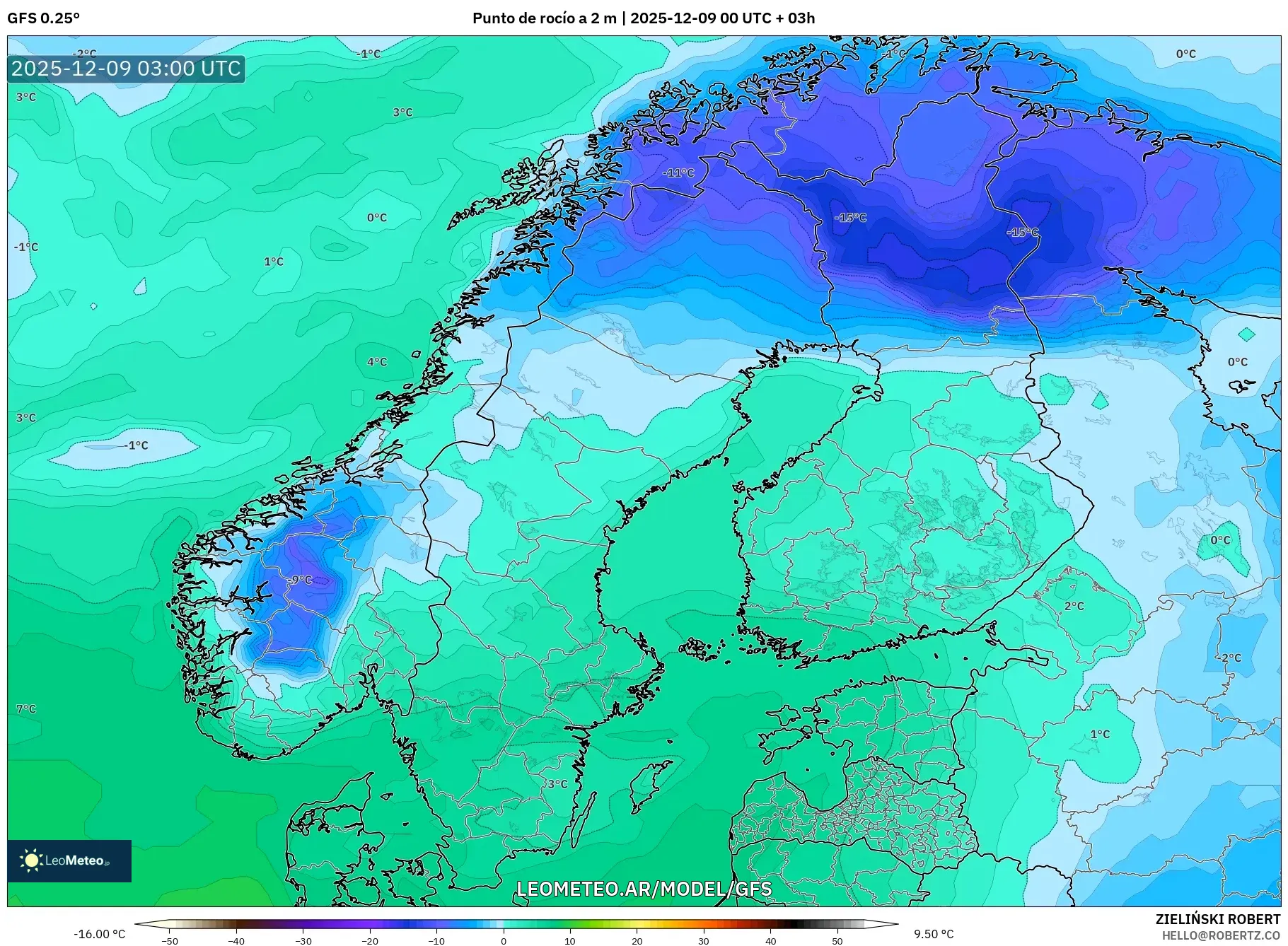 GFS model - Escandinavia, Punto de rocío a 2 m