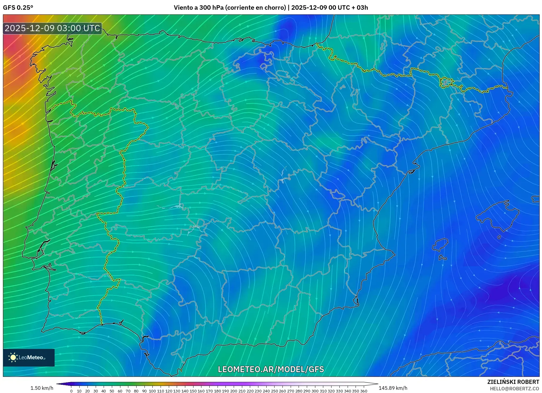 GFS model - España, Viento a 300 hPa (corriente en chorro)