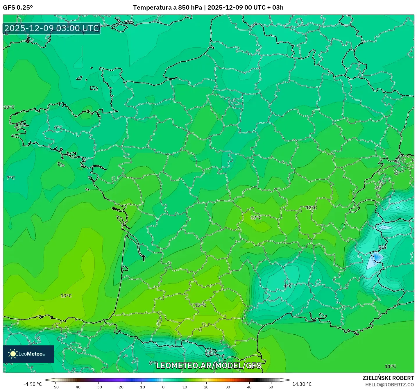 GFS model - Francia, Temperatura a 850 hPa
