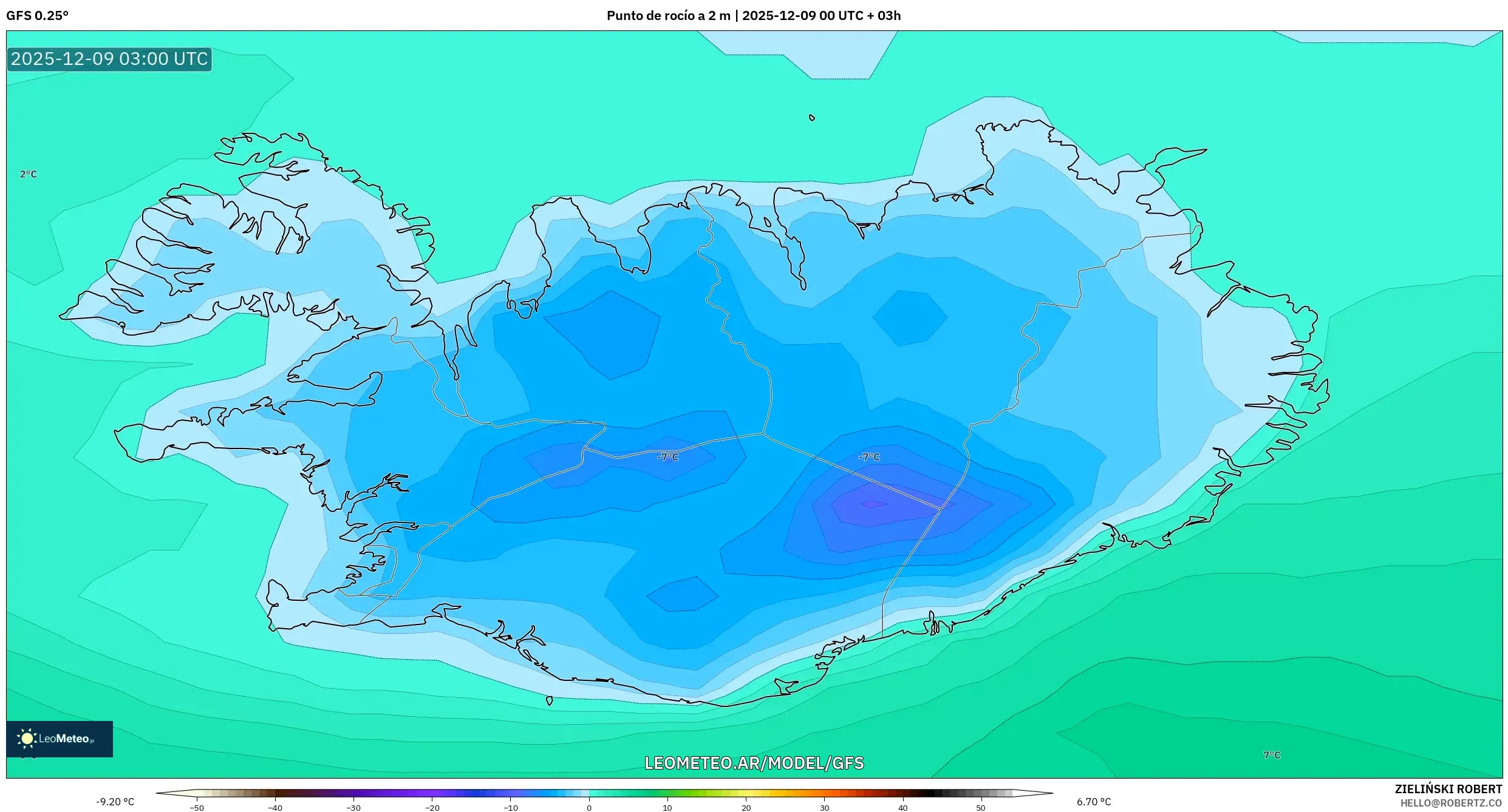 GFS model - Islandia, Punto de rocío a 2 m