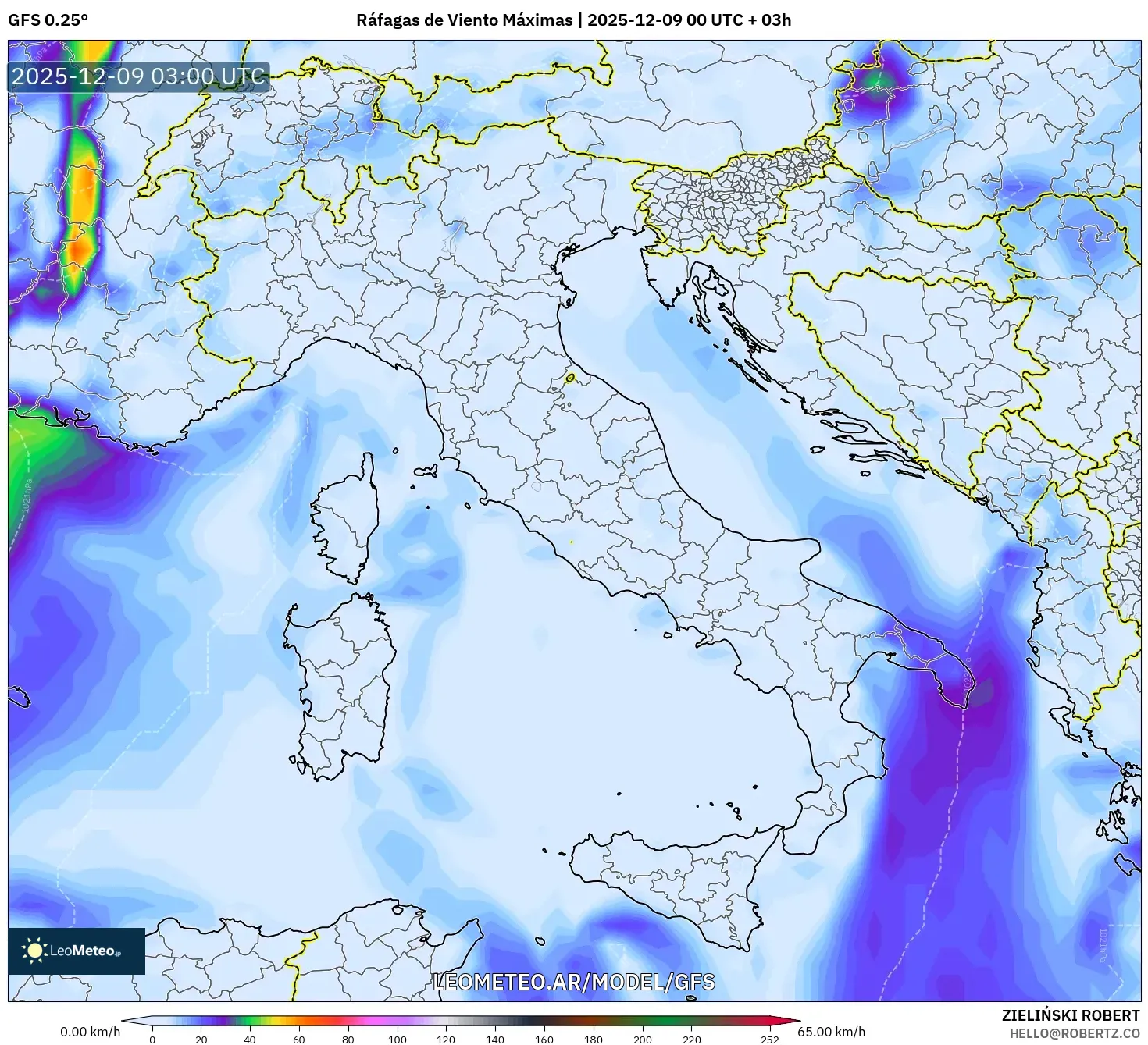 GFS model - Italia, Ráfagas de Viento Máximas