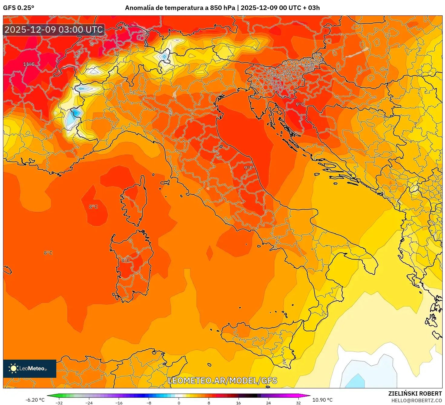 GFS model - Italia, Anomalía de temperatura a 850 hPa
