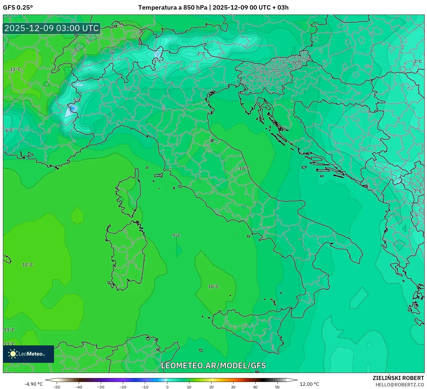GFS model - Italia, Temperatura a 850 hPa