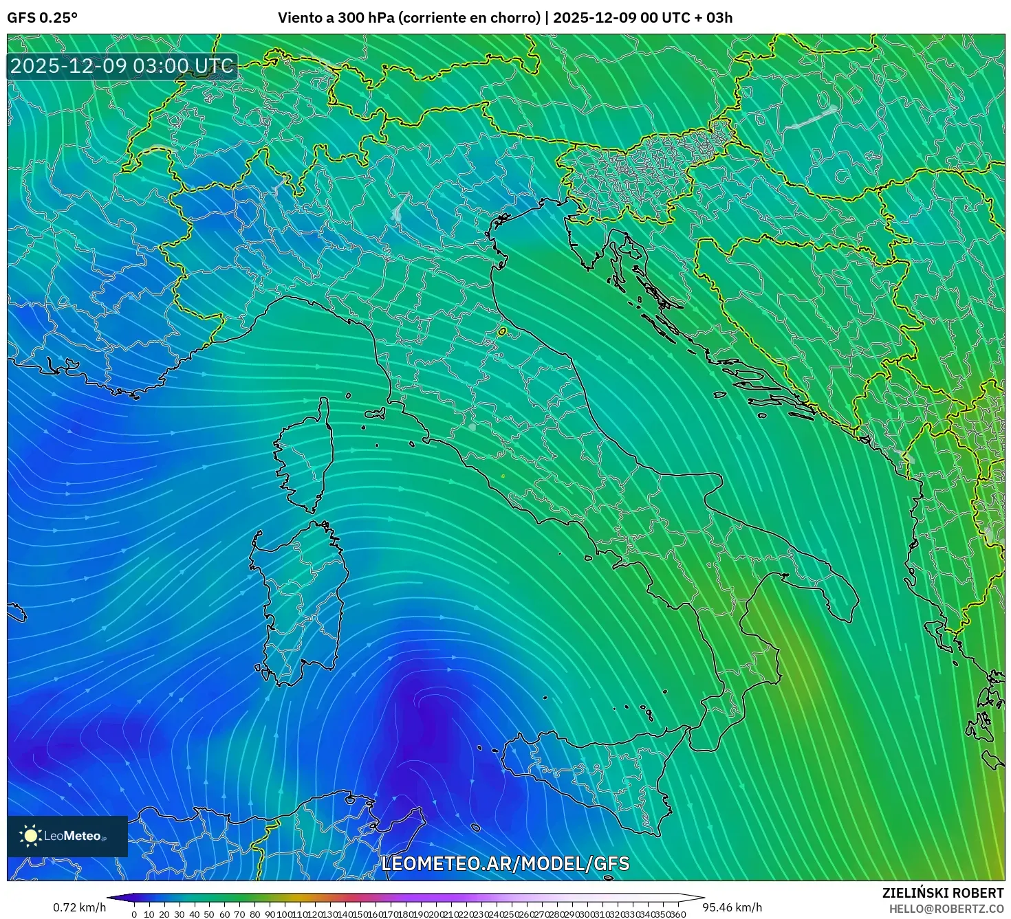 GFS model - Italia, Viento a 300 hPa (corriente en chorro)