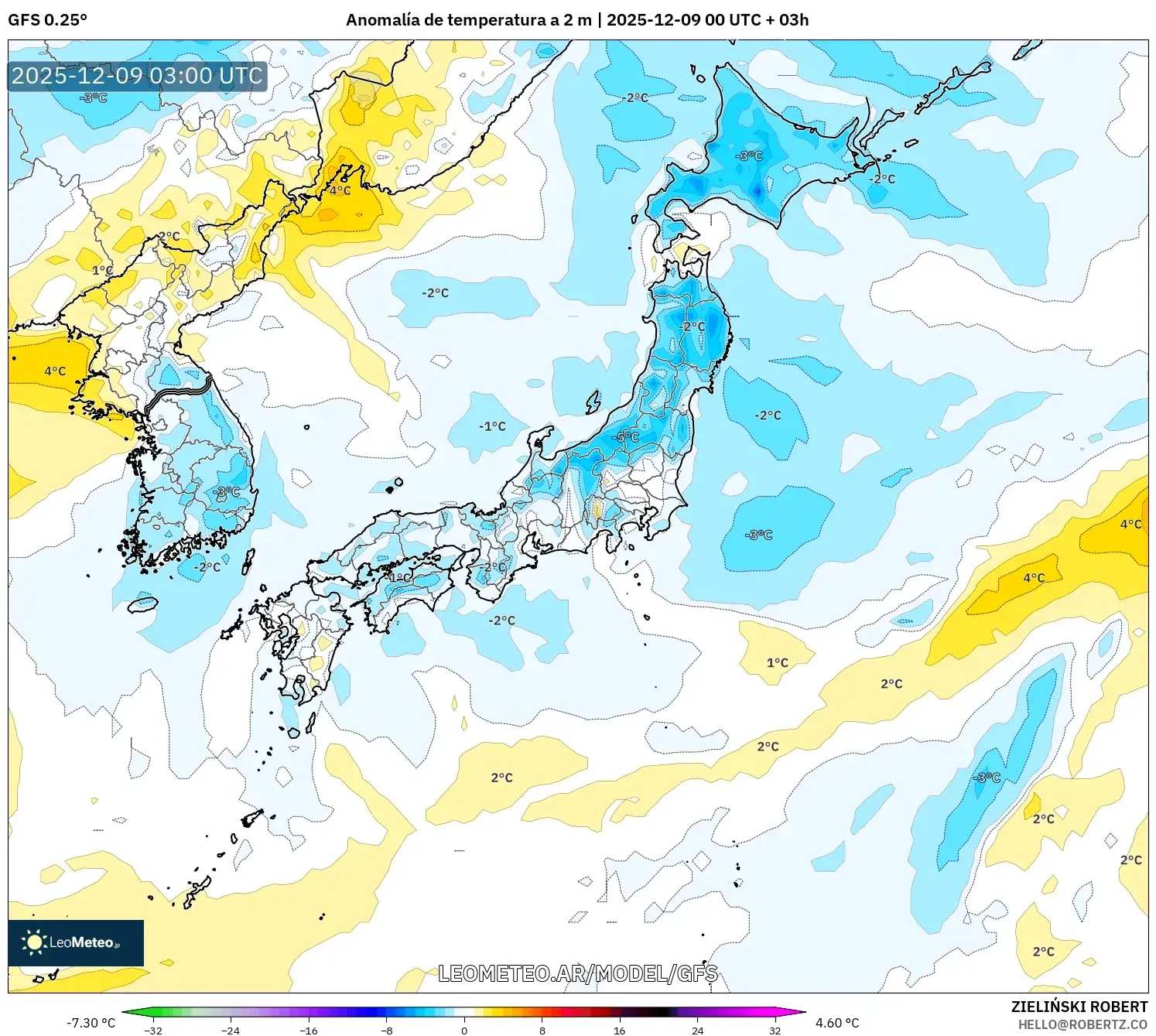 GFS model - Japón, Anomalía de temperatura a 2 m