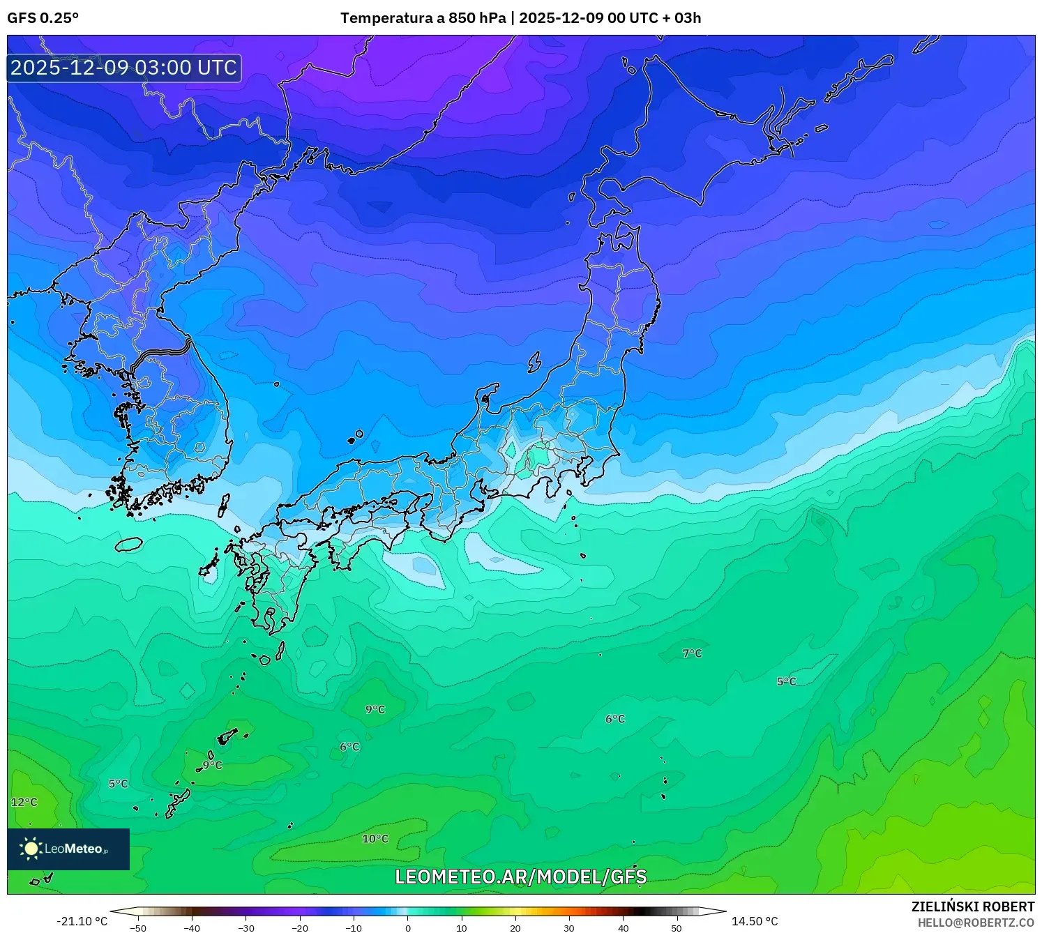 GFS model - Japón, Temperatura a 850 hPa