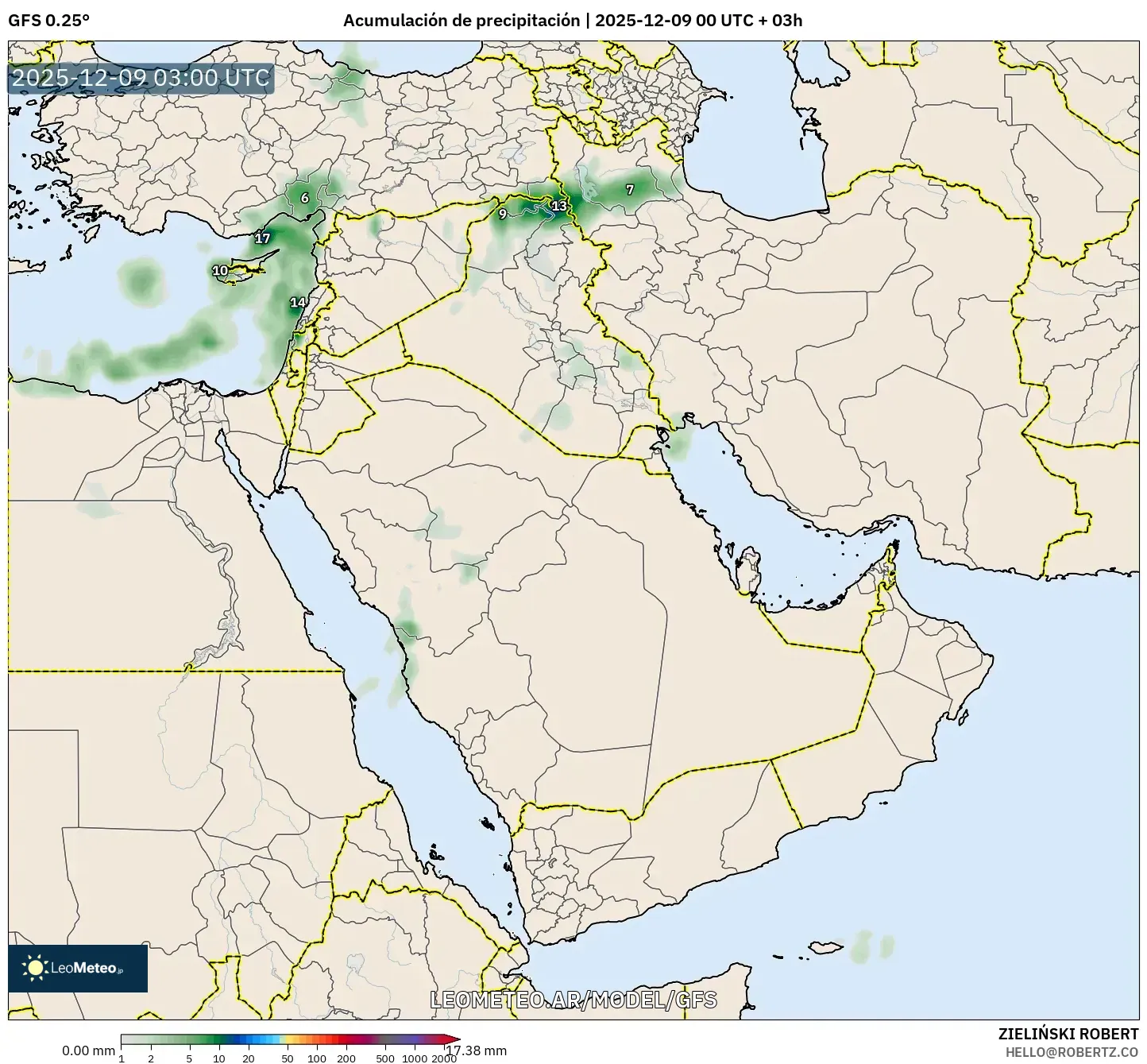 GFS model - Oriente Medio, Acumulación de precipitación