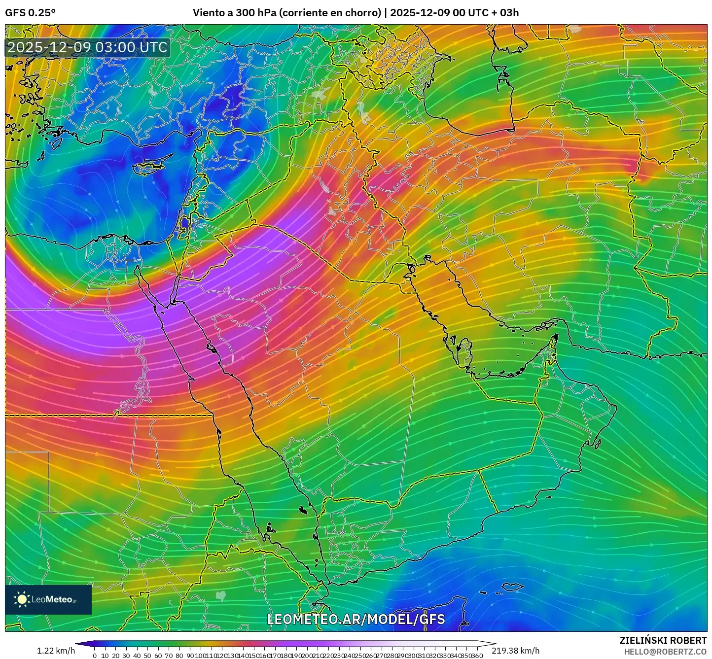 GFS model - Oriente Medio, Viento a 300 hPa (corriente en chorro)