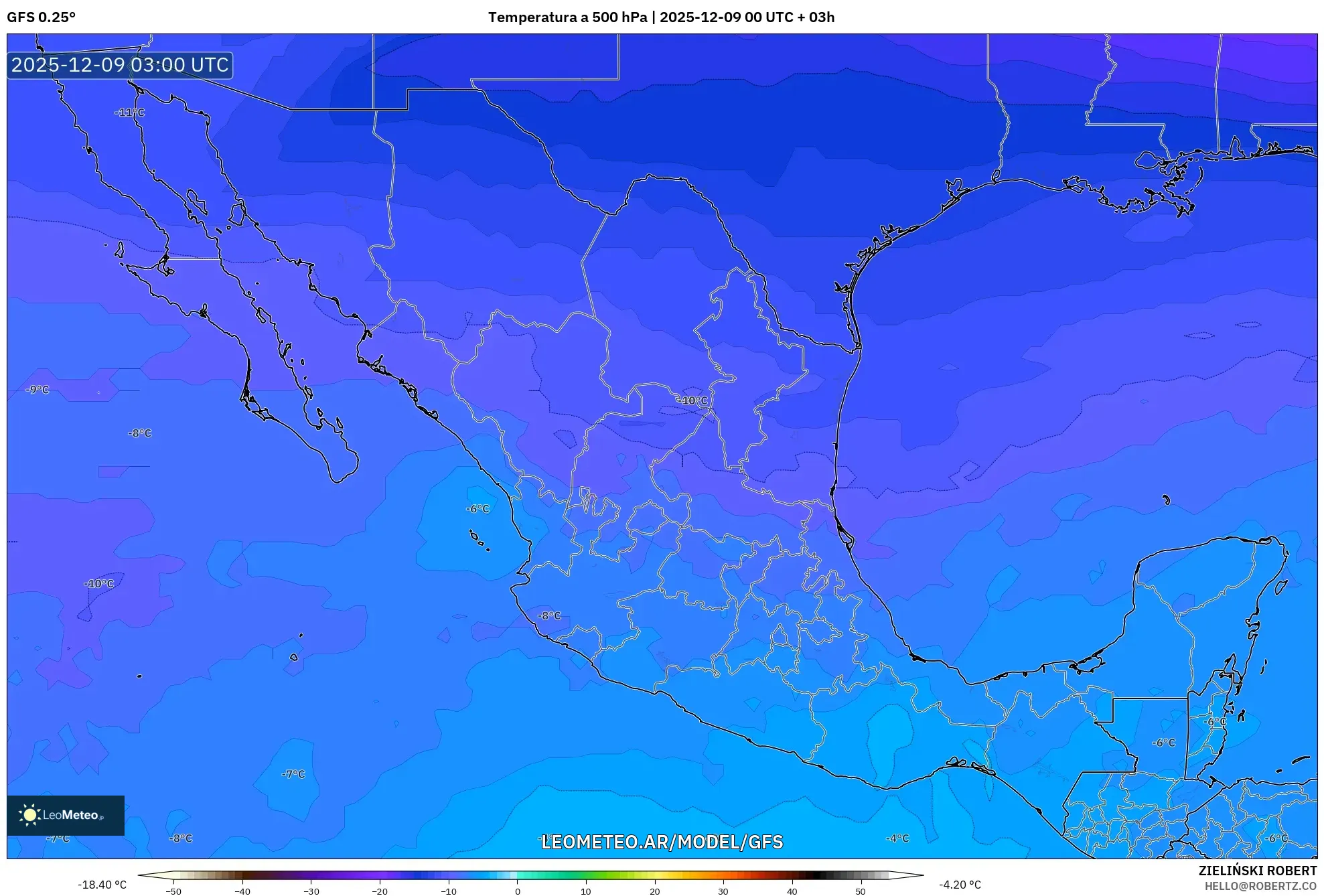 GFS model - México, Temperatura a 500 hPa