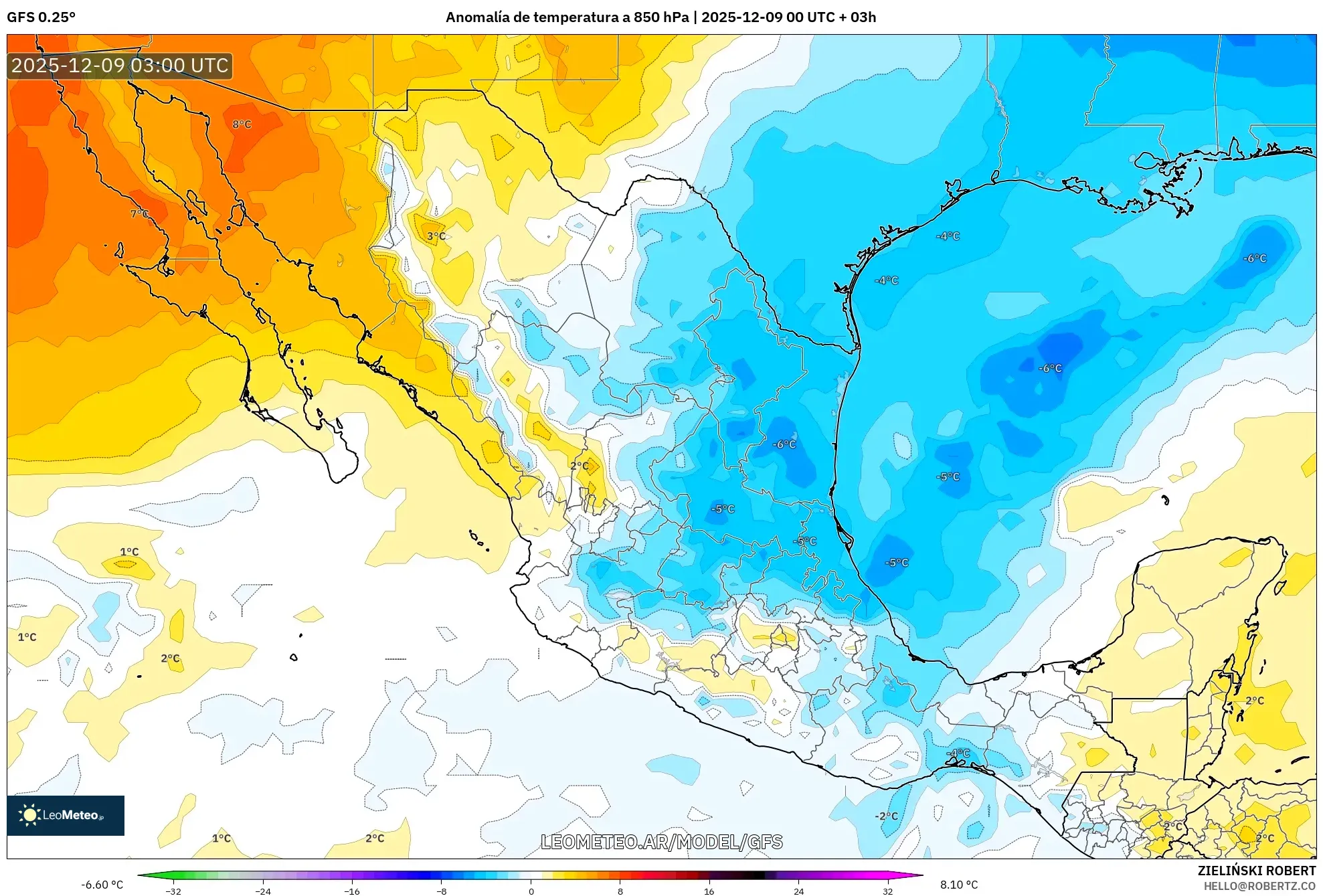 GFS model - México, Anomalía de temperatura a 850 hPa