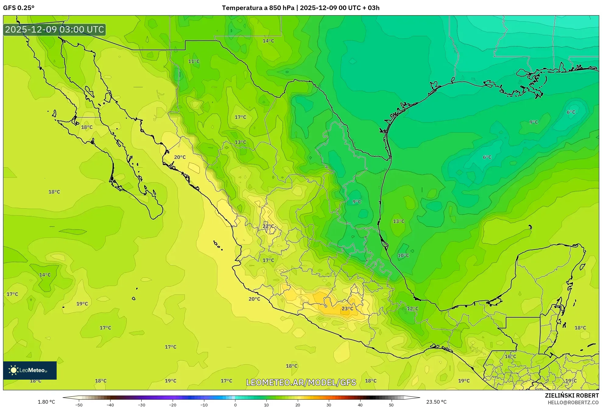 GFS model - México, Temperatura a 850 hPa
