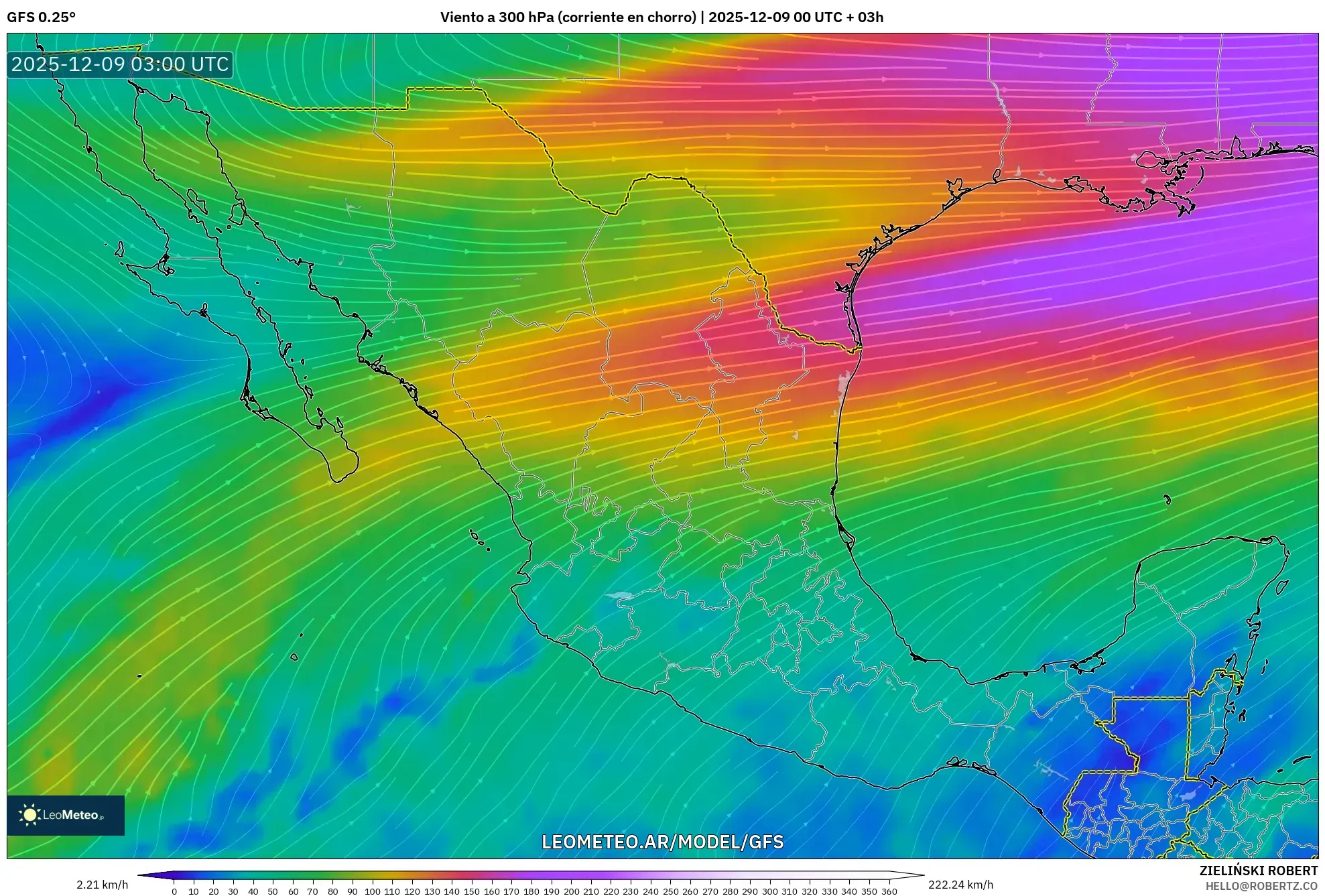 GFS model - México, Viento a 300 hPa (corriente en chorro)
