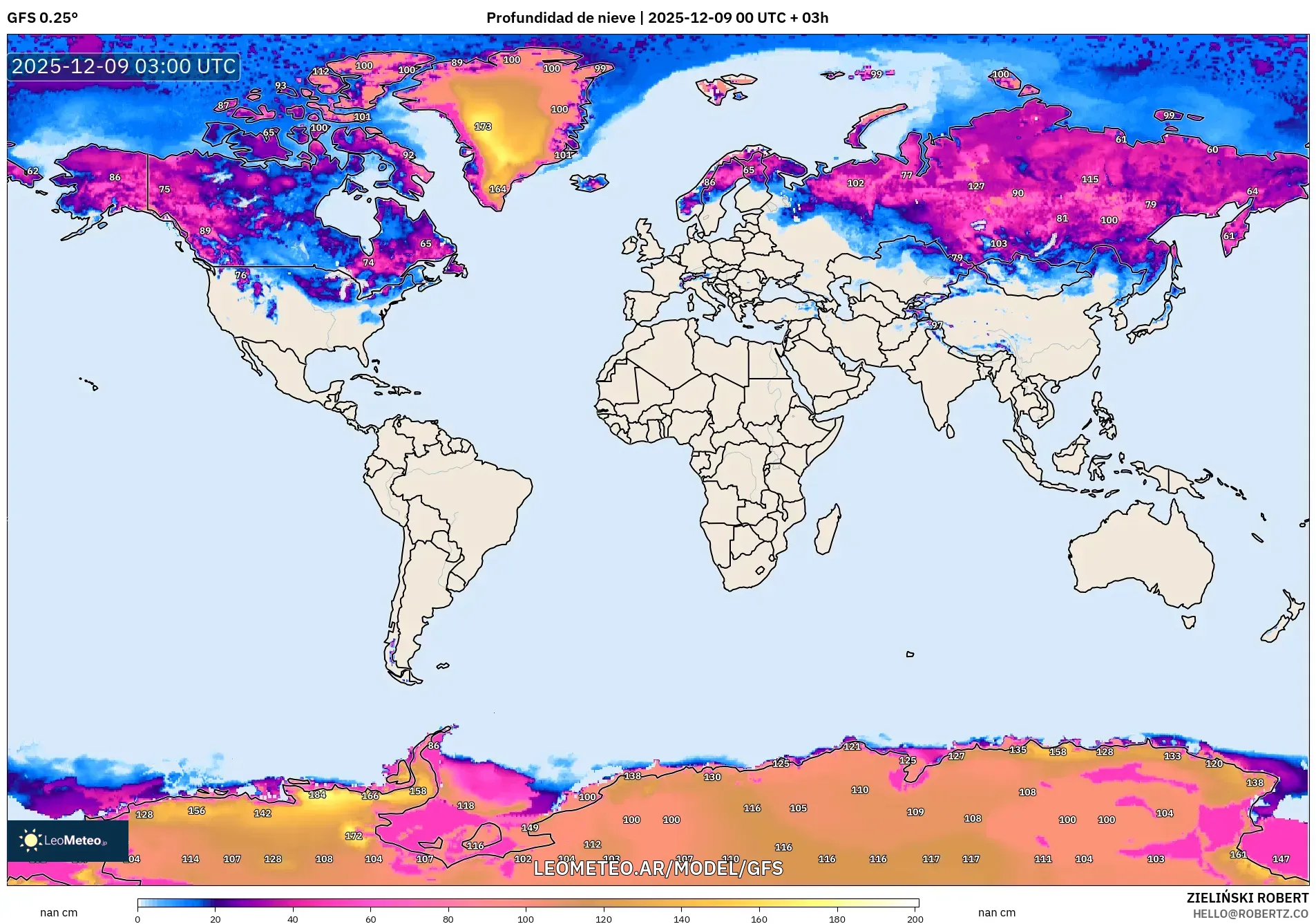 GFS model - Mundo, Profundidad de nieve