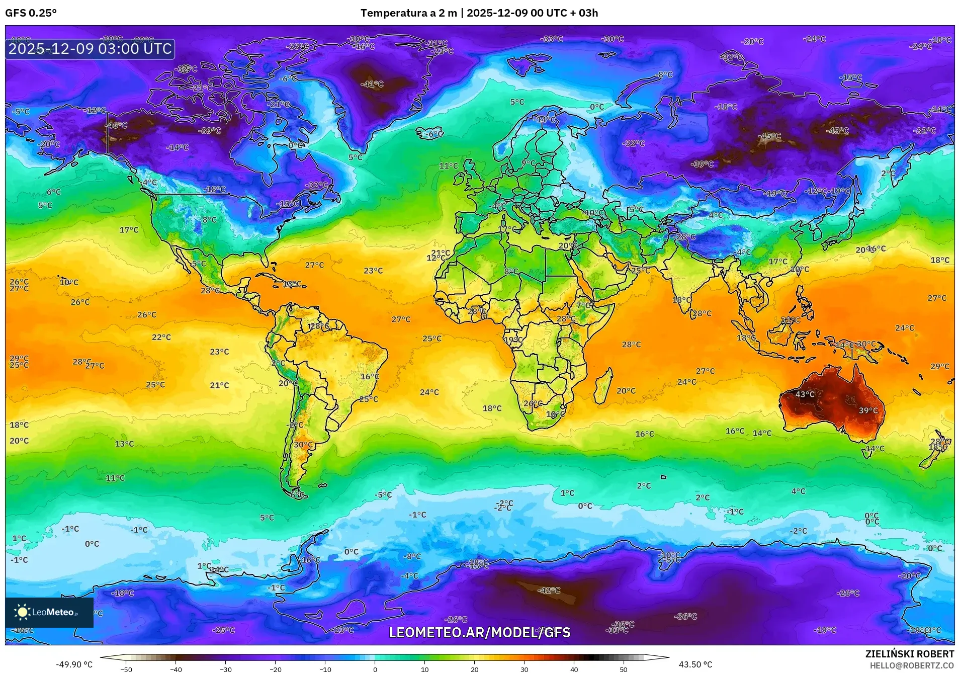 GFS model - Mundo, Temperatura a 2 m