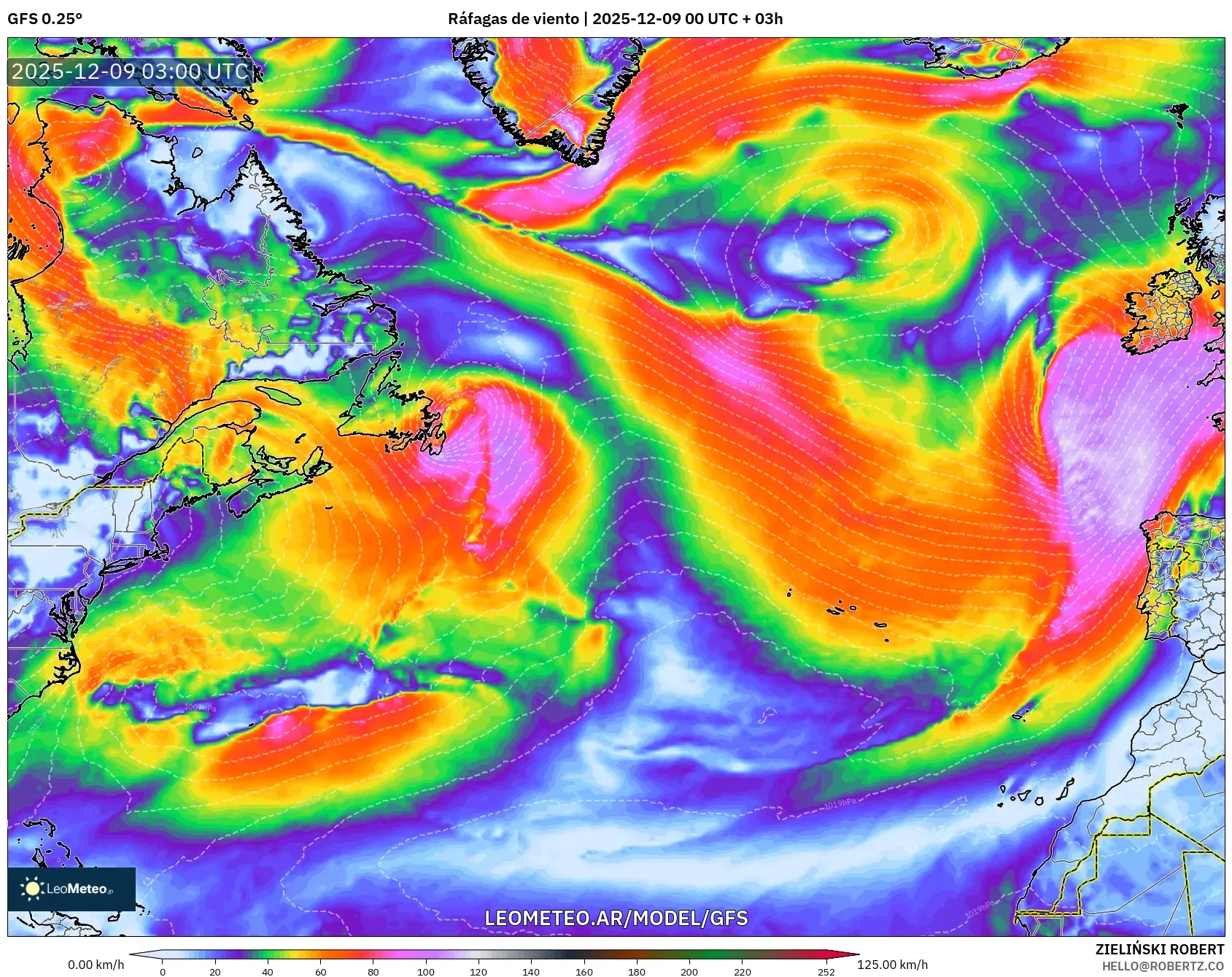 GFS model - Norte Atlántico, Ráfagas de viento