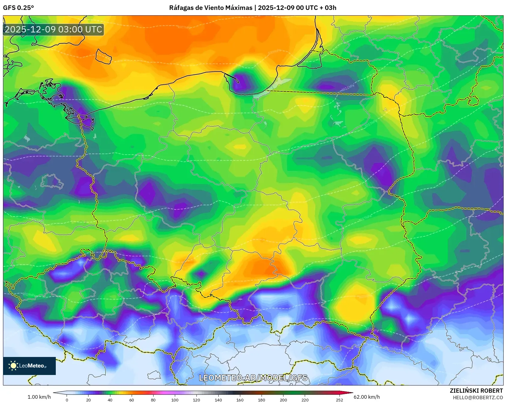 GFS model - Polonia, Ráfagas de Viento Máximas