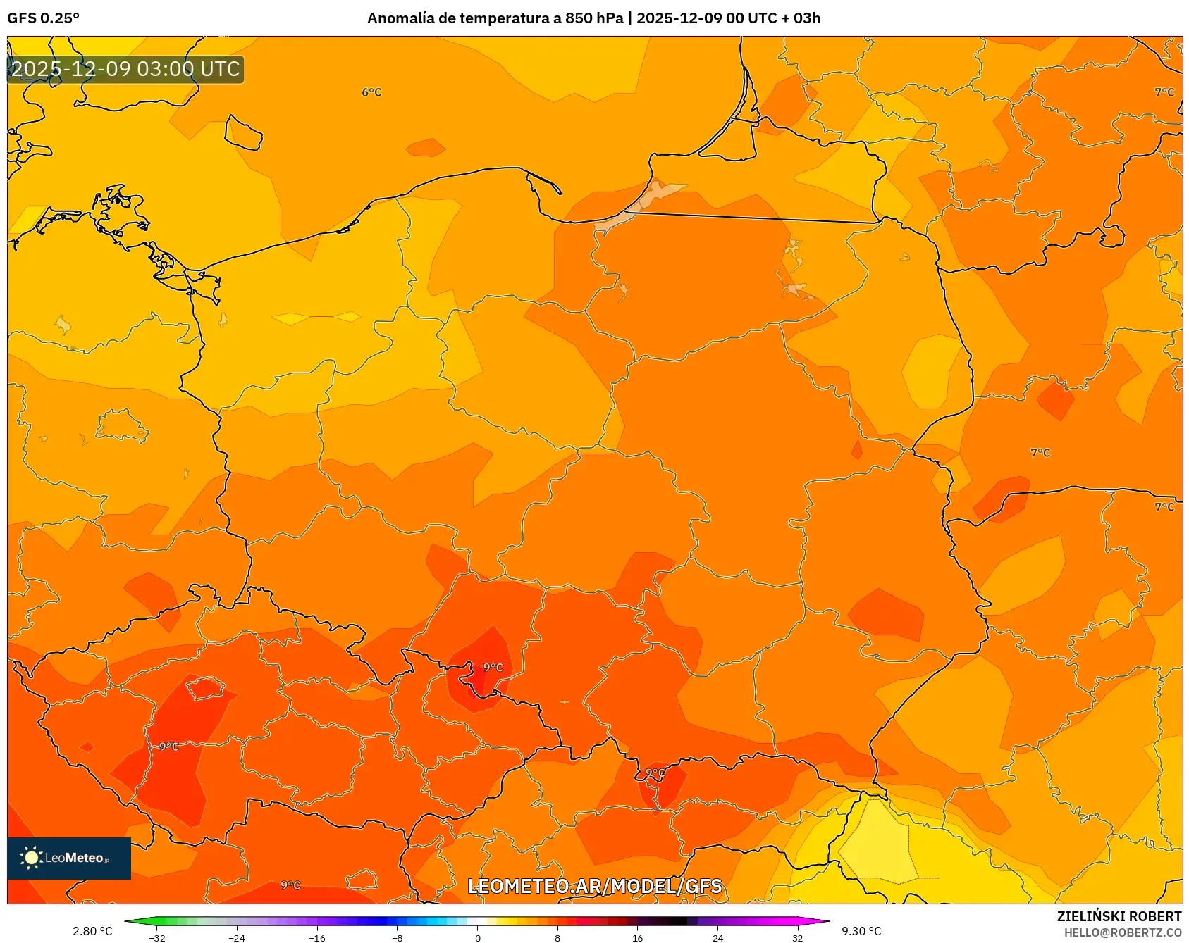 GFS model - Polonia, Anomalía de temperatura a 850 hPa