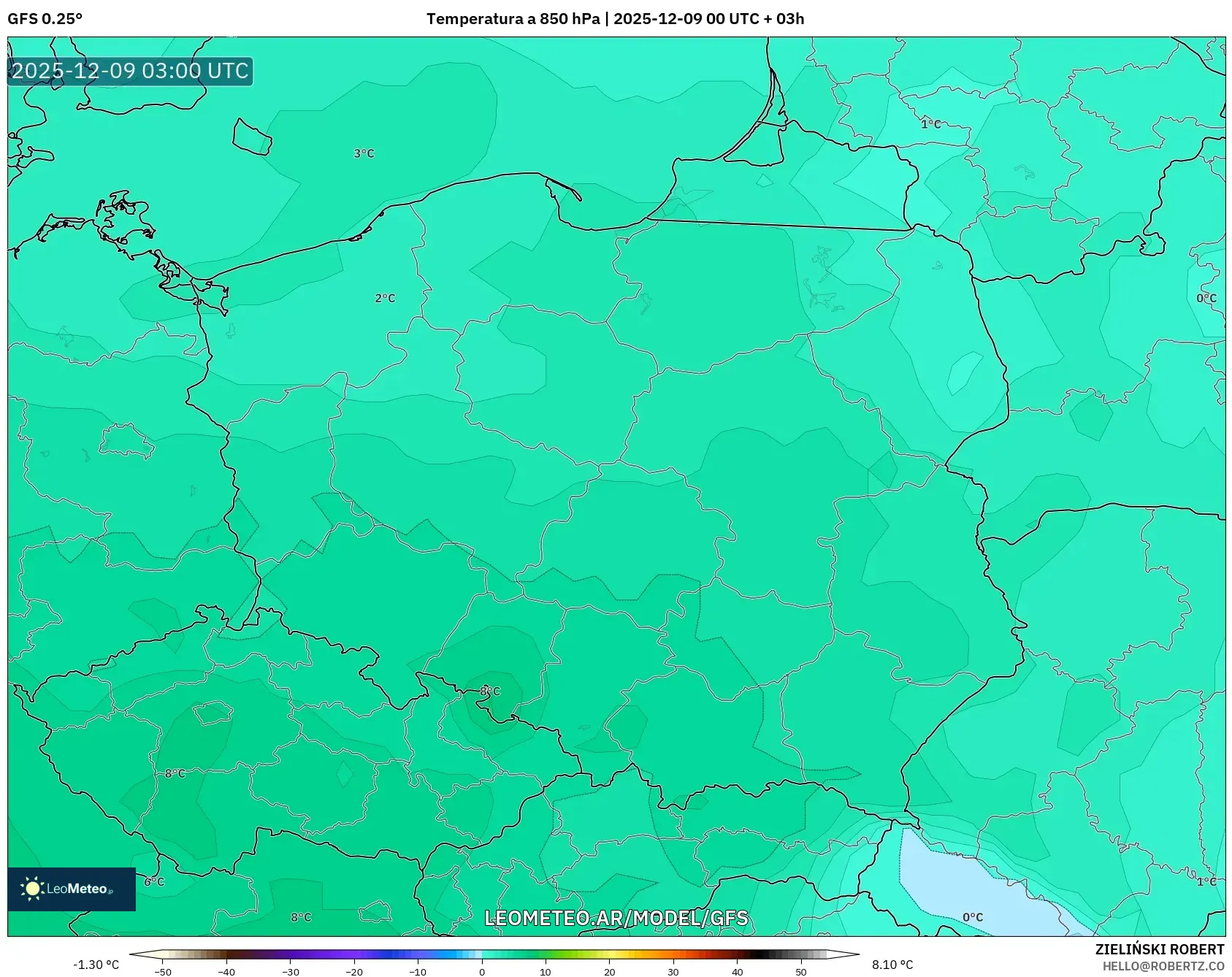 GFS model - Polonia, Temperatura a 850 hPa