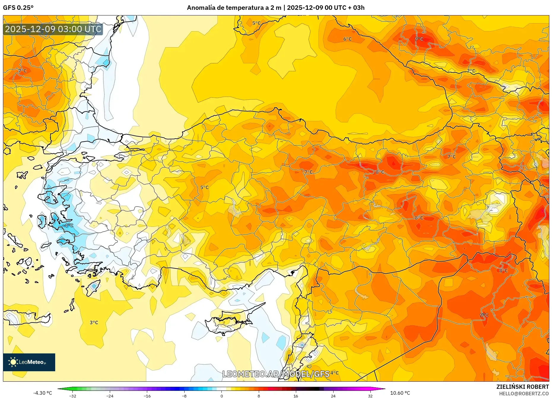 GFS model - Turquía, Anomalía de temperatura a 2 m