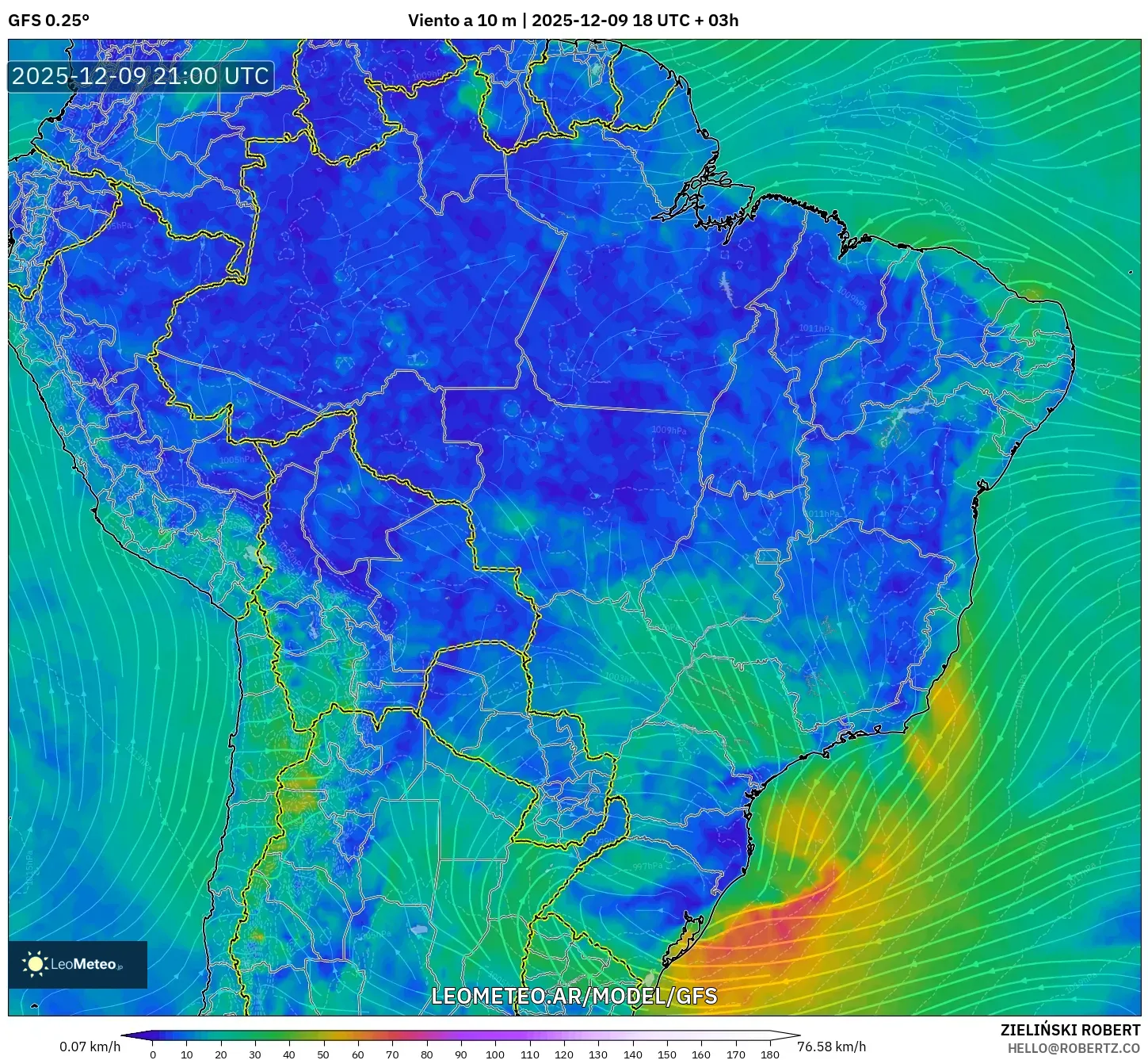 GFS model - Brasil, Viento a 10 m
