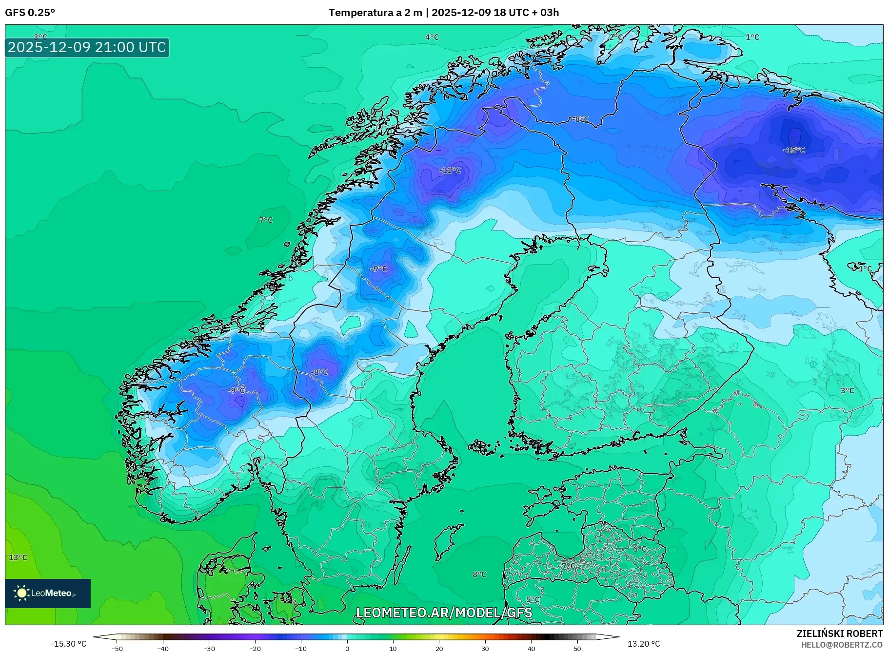 GFS model - Escandinavia, Temperatura a 2 m