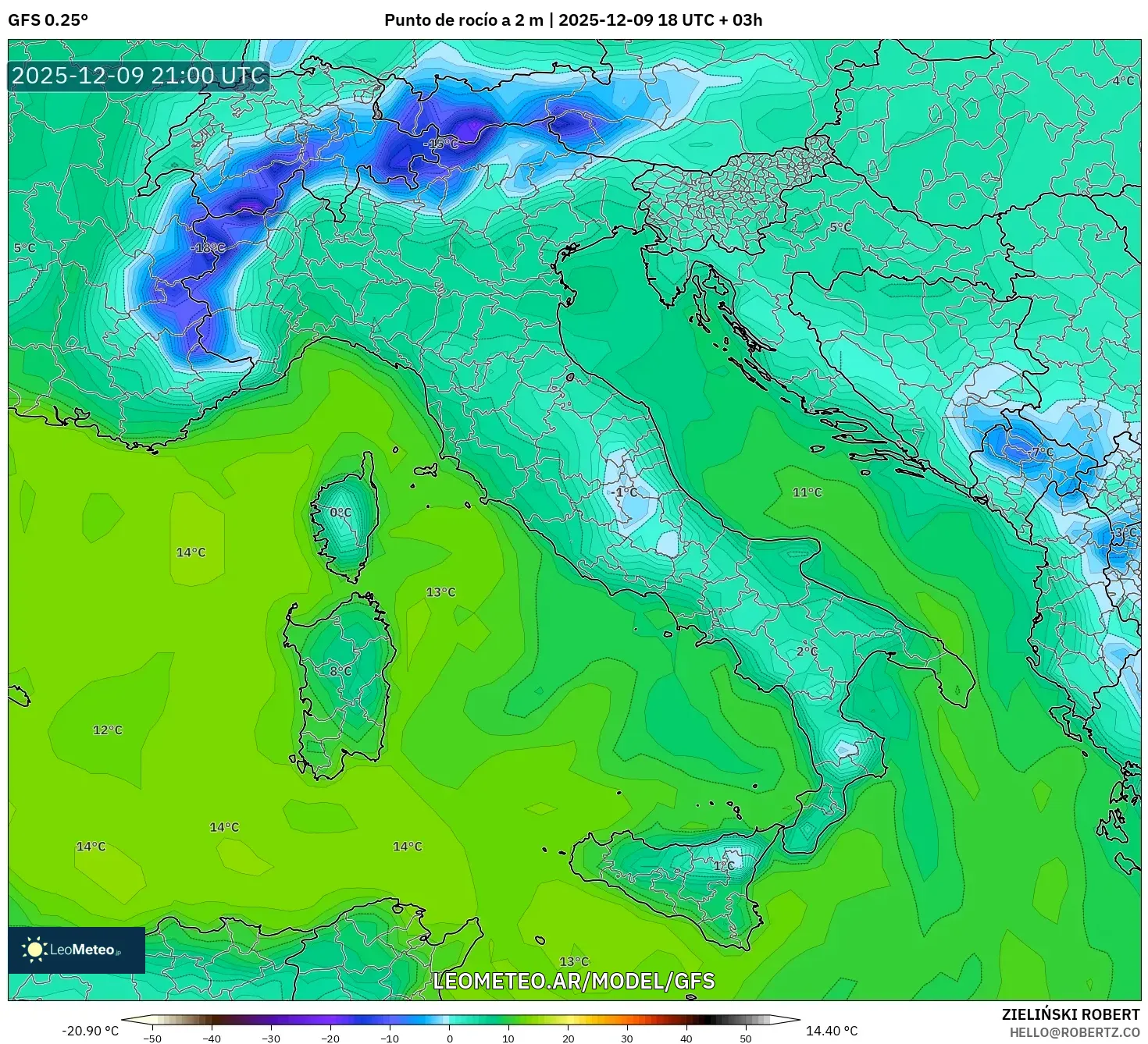 GFS model - Italia, Punto de rocío a 2 m