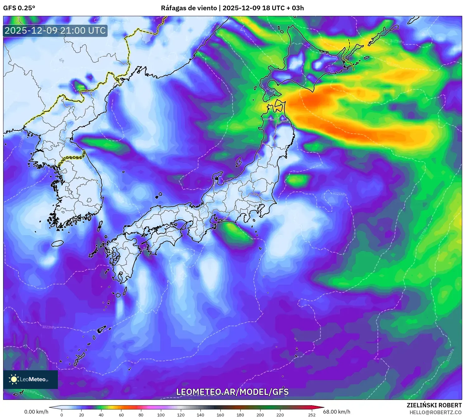 GFS model - Japón, Ráfagas de viento