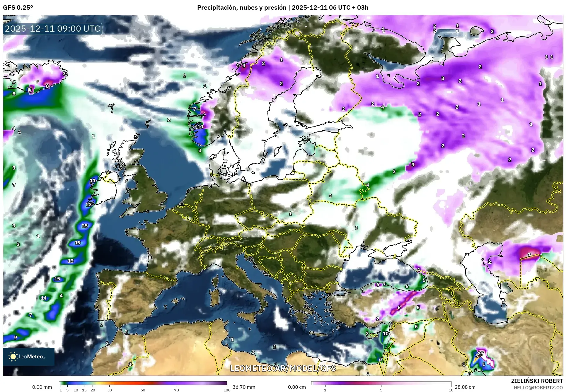GFS model - Europa, Precipitación, nubes y presión